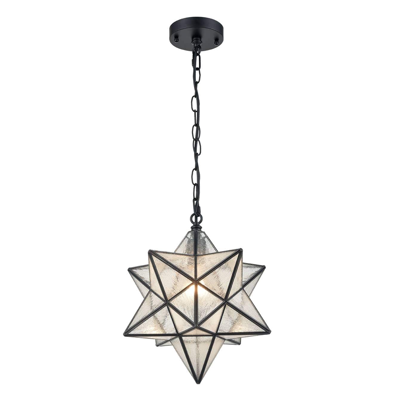 Front. MOOSE - Moravian Star Pendant Light 14-inch Seeded Glass Shade - Black.