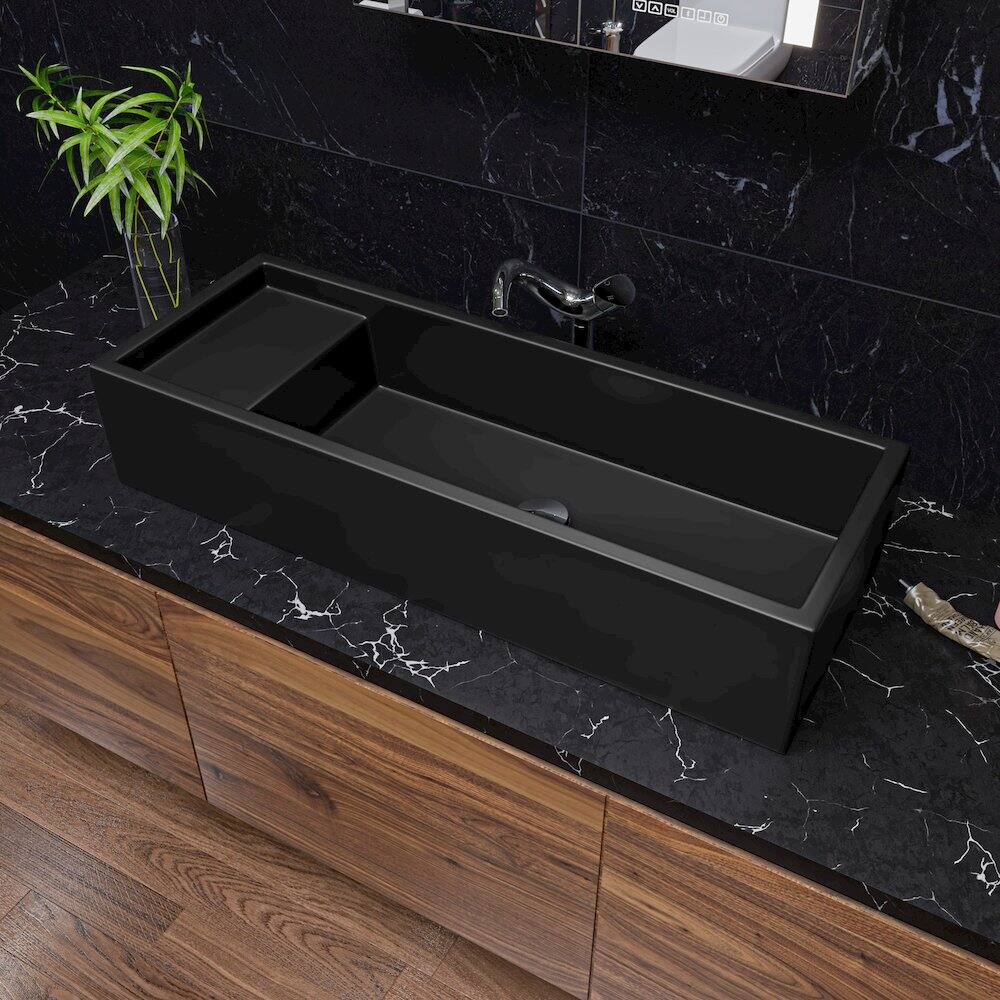 Angle. Alfi - 39" Black Matte Above Mount Fireclay Bathroom Trough Sink - Black.
