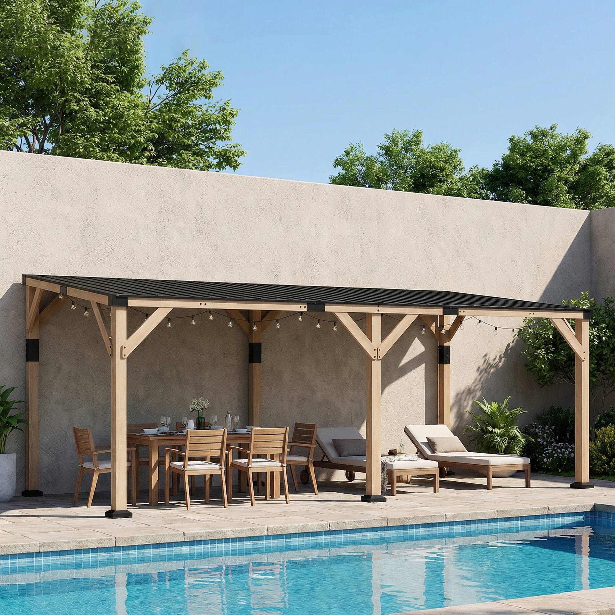 Front. Outsunny - x 20' Wooden Gazebo, Hardtop Lean-to Gazebo Pergola with Galvanized Steel Sloped Roof.