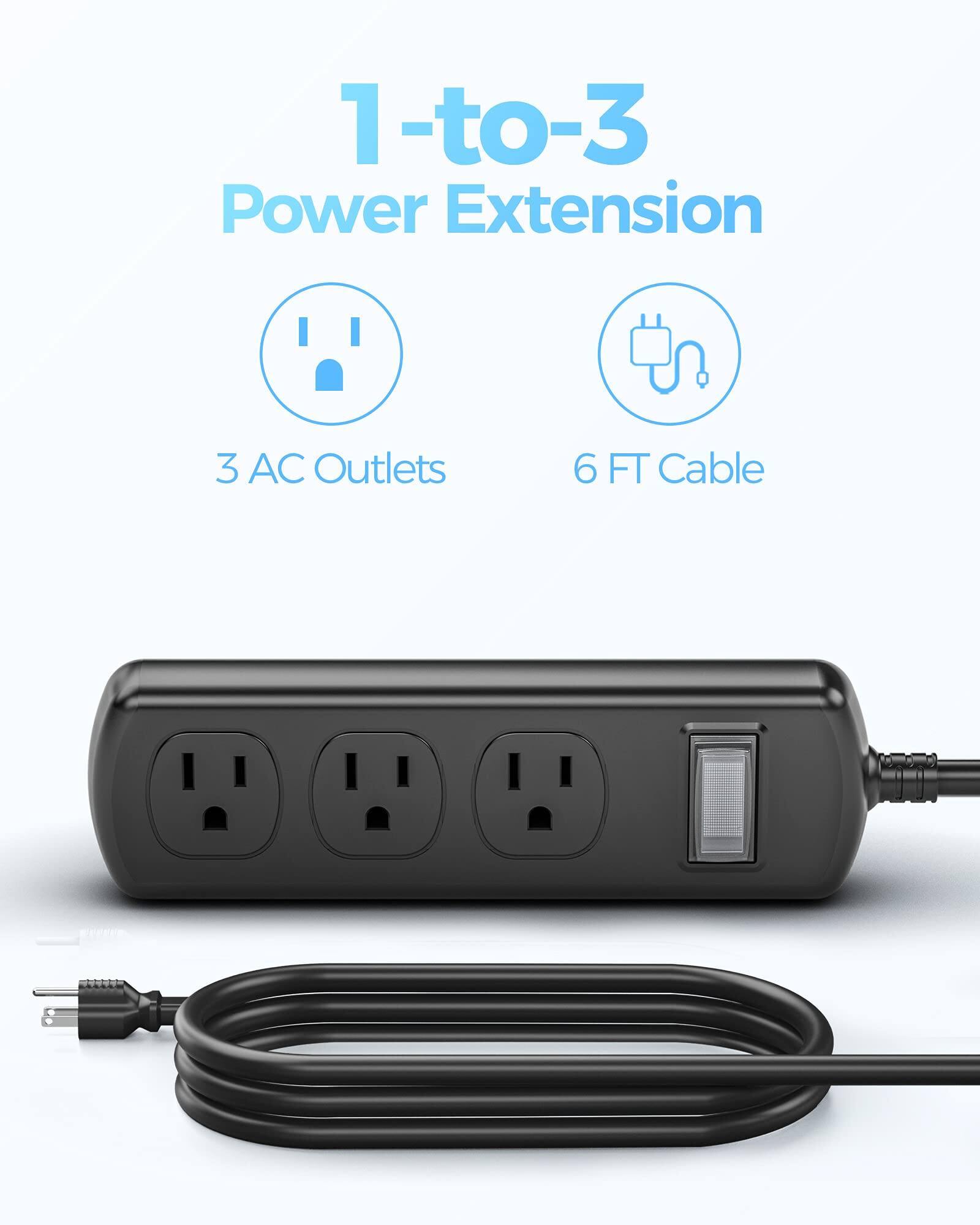 1-to-3 Power Extension  
3 AC Outlets  
6 FT Cable