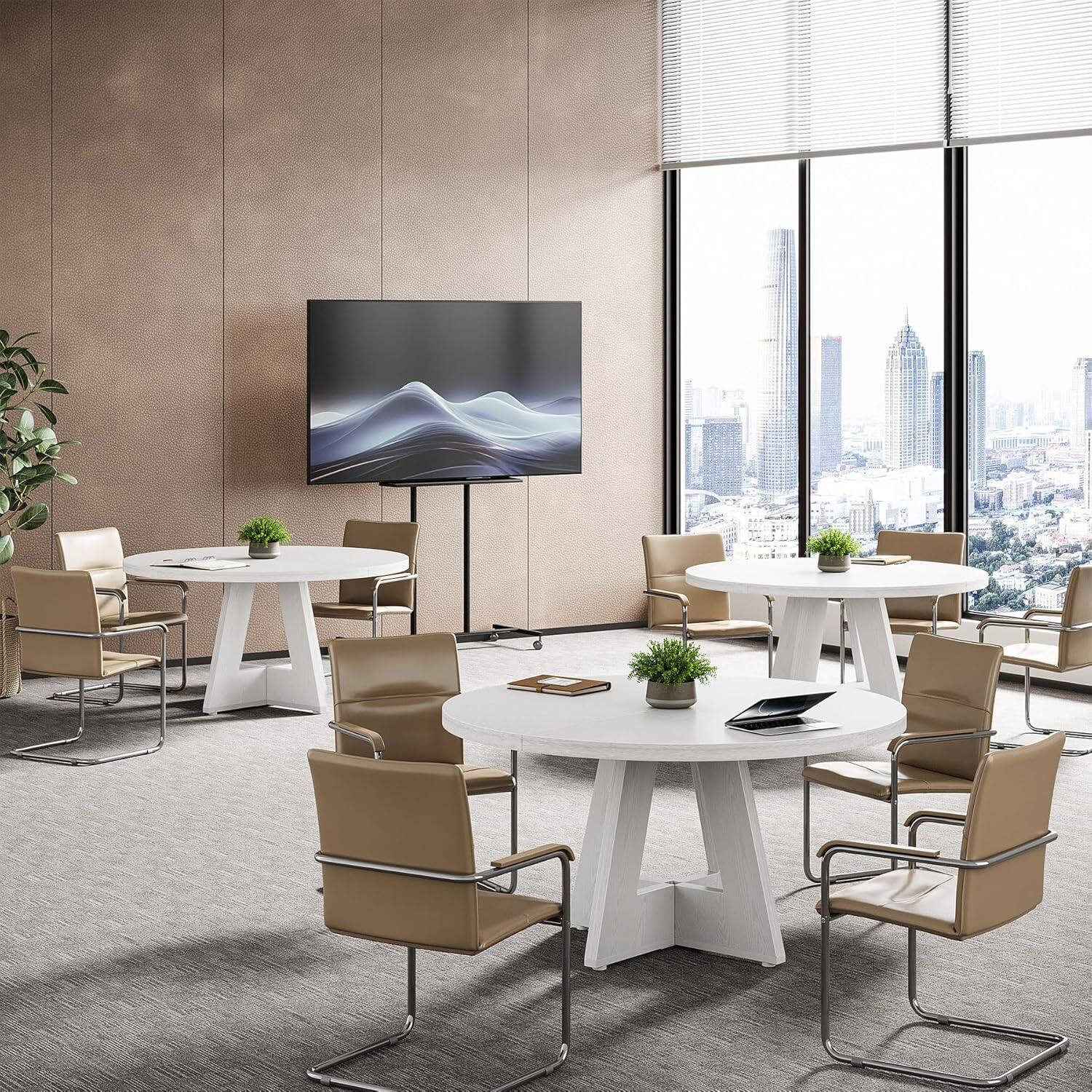 Alt View 1. Tribesigns - Round Conference Table with Wood Construction and Adjustable Feet for Meetings, Writing and Everyday Work - White.