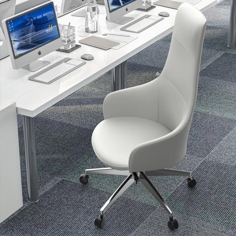 Left. LeisureMod - Celeste High-Back Office Chair in Upholstered Leather with Iron Frame Swivel and Tilt for Desk, Study and Home Office - White.