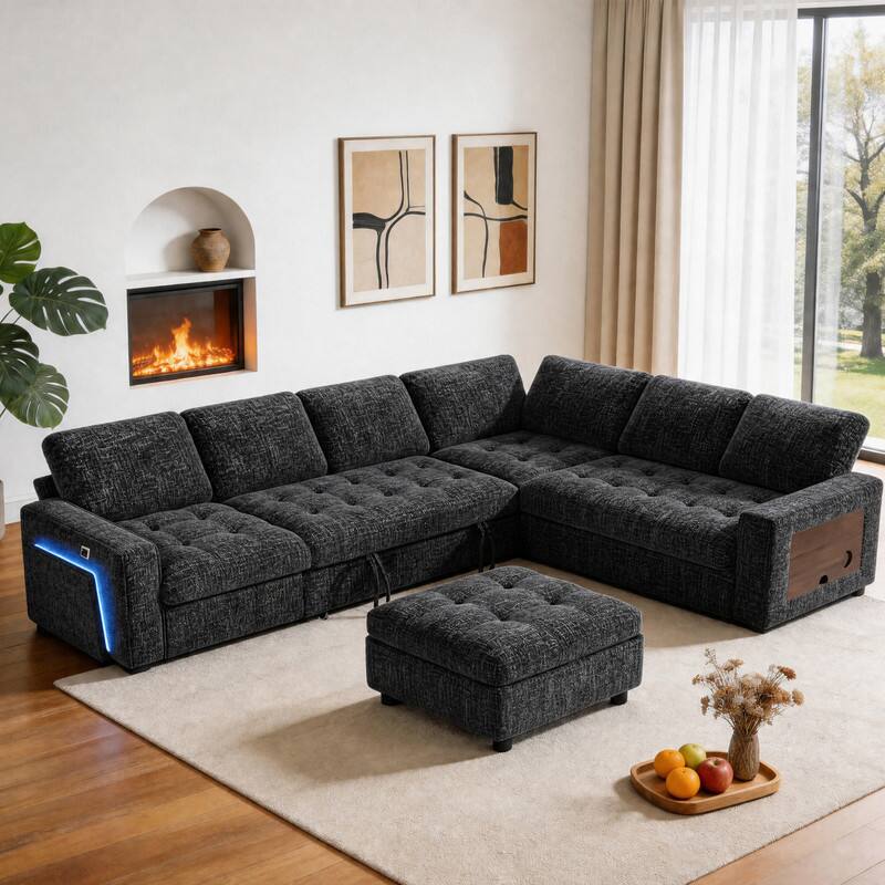 Angle. Dyonery - 102" 7 Seat L Shaped Sectional Sleeper Sofa Bed with Pull Out Bed/Adjustable Backrest/USB Ports/LED/Side Table/Storage - Black.