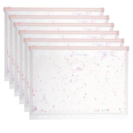 Front. Unique Bargains - 6pcs A4 Plastic Binder Zipper Pockets 12x9 Inch Clear Envelope Folders Planner Waterproof with Sequin Decor - Light Pink.