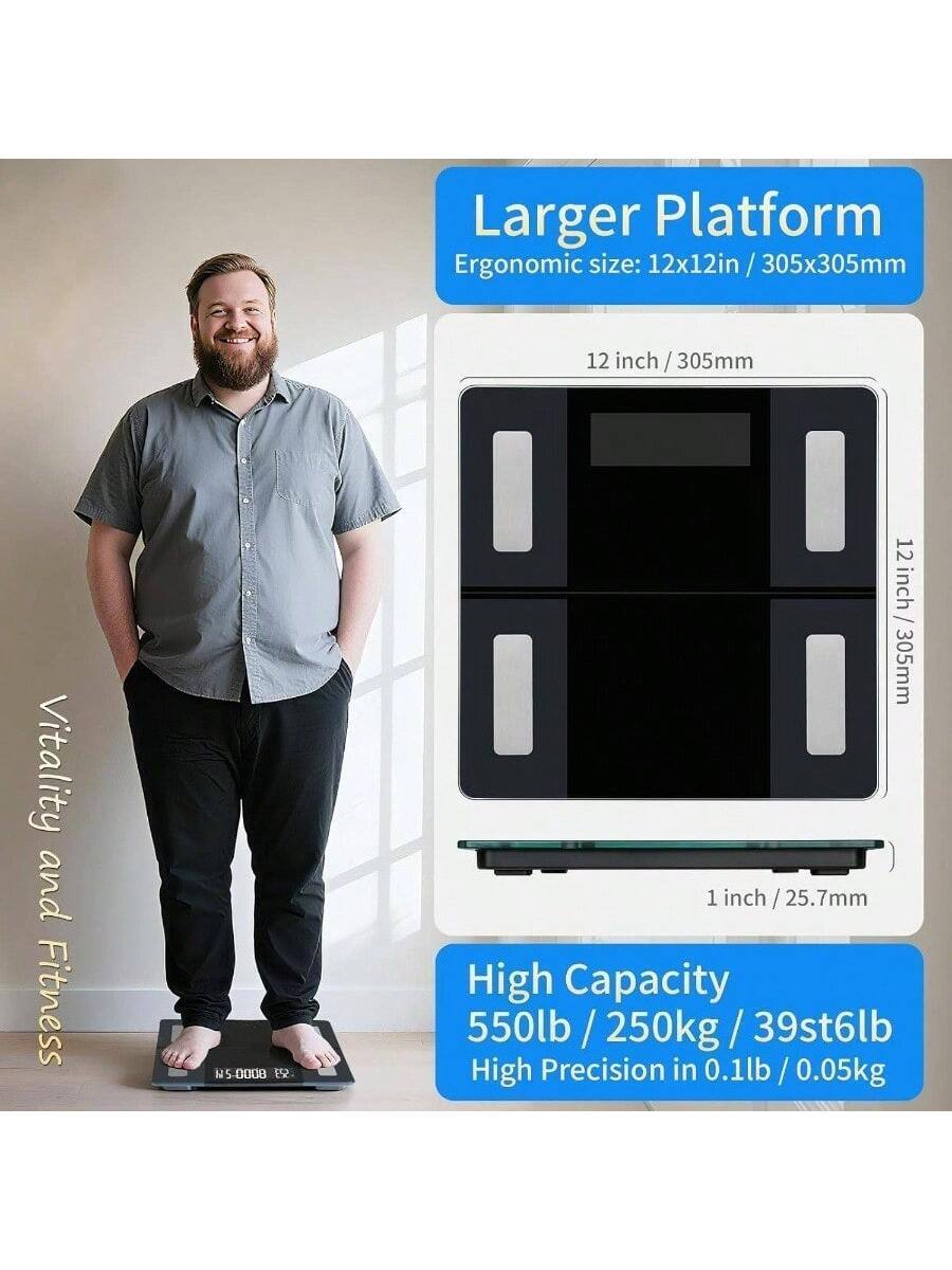 Larger Platform  
Ergonomic size: 12x12in / 305x305mm  

12 inch / 305mm  

1 inch / 25.7mm  

High Capacity  
550lb / 250kg / 39st6lb  

High Precision in 0.1lb / 0.05kg  

Vitality and Fitness  
NS 5-0008 ES
