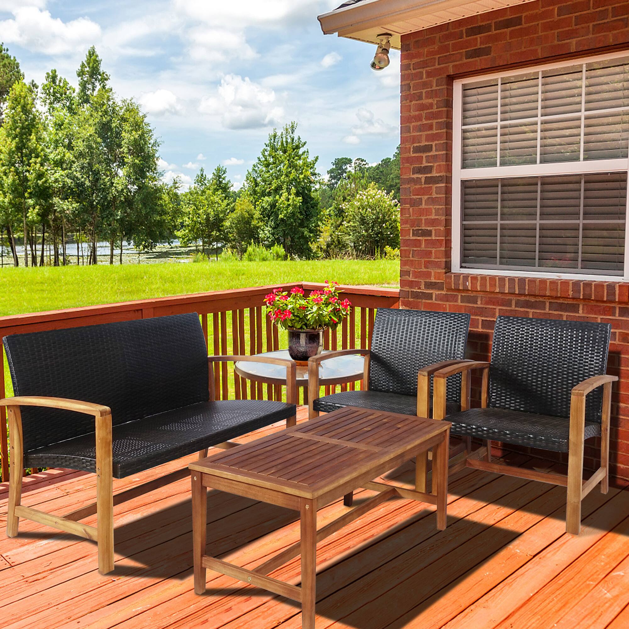 Alt View 3. Gymax - Gymax 8PCS Patio Conversation Set Outdoor Furniture Set w/ Acacia Wood Frame - Mix Brown.