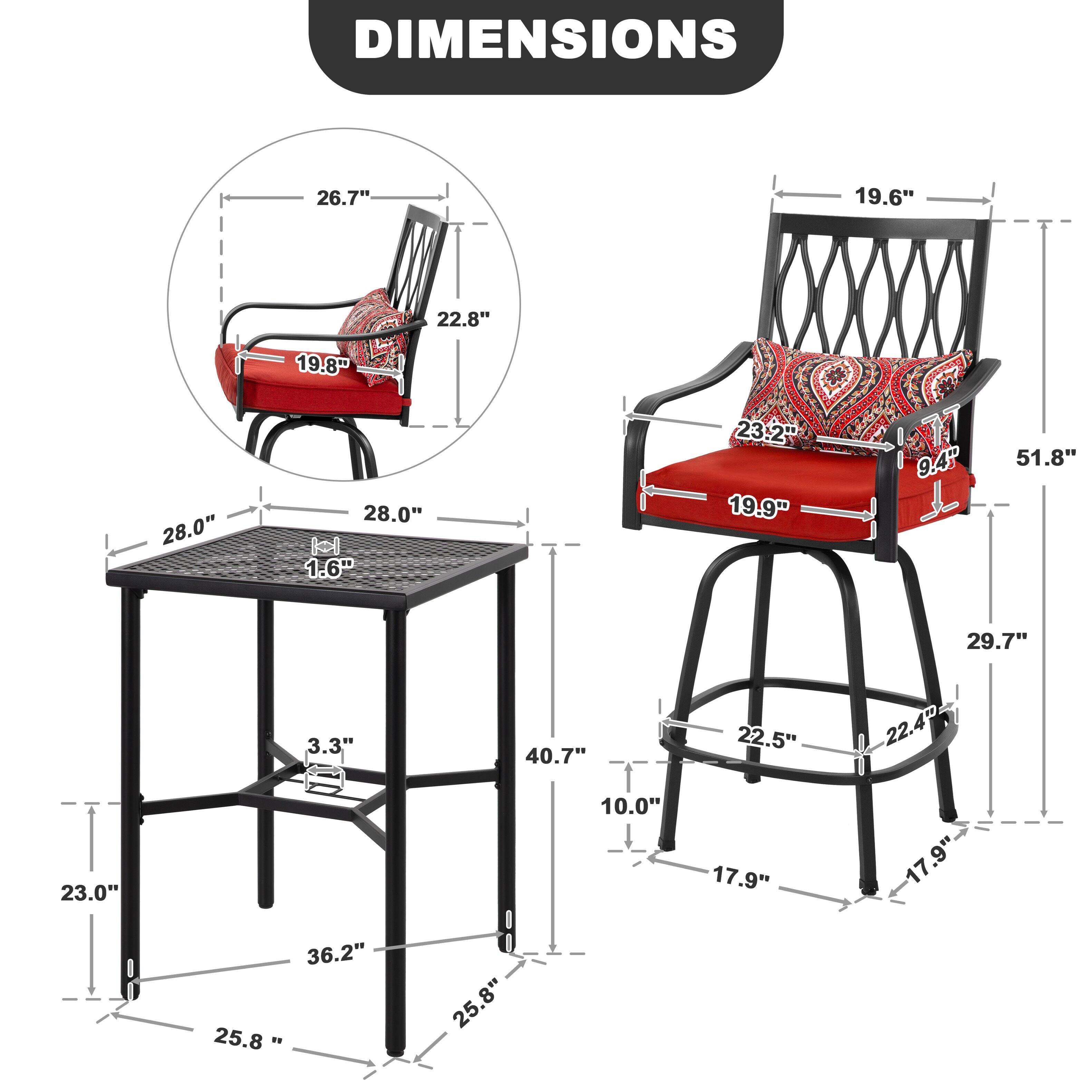 DIMENSIONS

- Table:
  - Width: 28.0"
  - Depth: 28.0"
  - Height: 16"
  - Leg Height: 3.3"
  - Base Width: 40.7"
  - Base Depth: 25.8"
  - Leg Length: 25.8"
  - Leg Width: 23.0"

- Chair:
  - Width: 19.6"
  - Depth: 22.8"
  - Height: 51.8"
  - Seat Height: 19.9"
  - Seat Depth: 23.2"
  - Back Height: 19.8"
  - Armrest Height: 26.7"
  - Base Width: 22.5"
  - Base Depth: 22.4"
  - Base Height: 10.0"
  - Leg Length: 17.9"