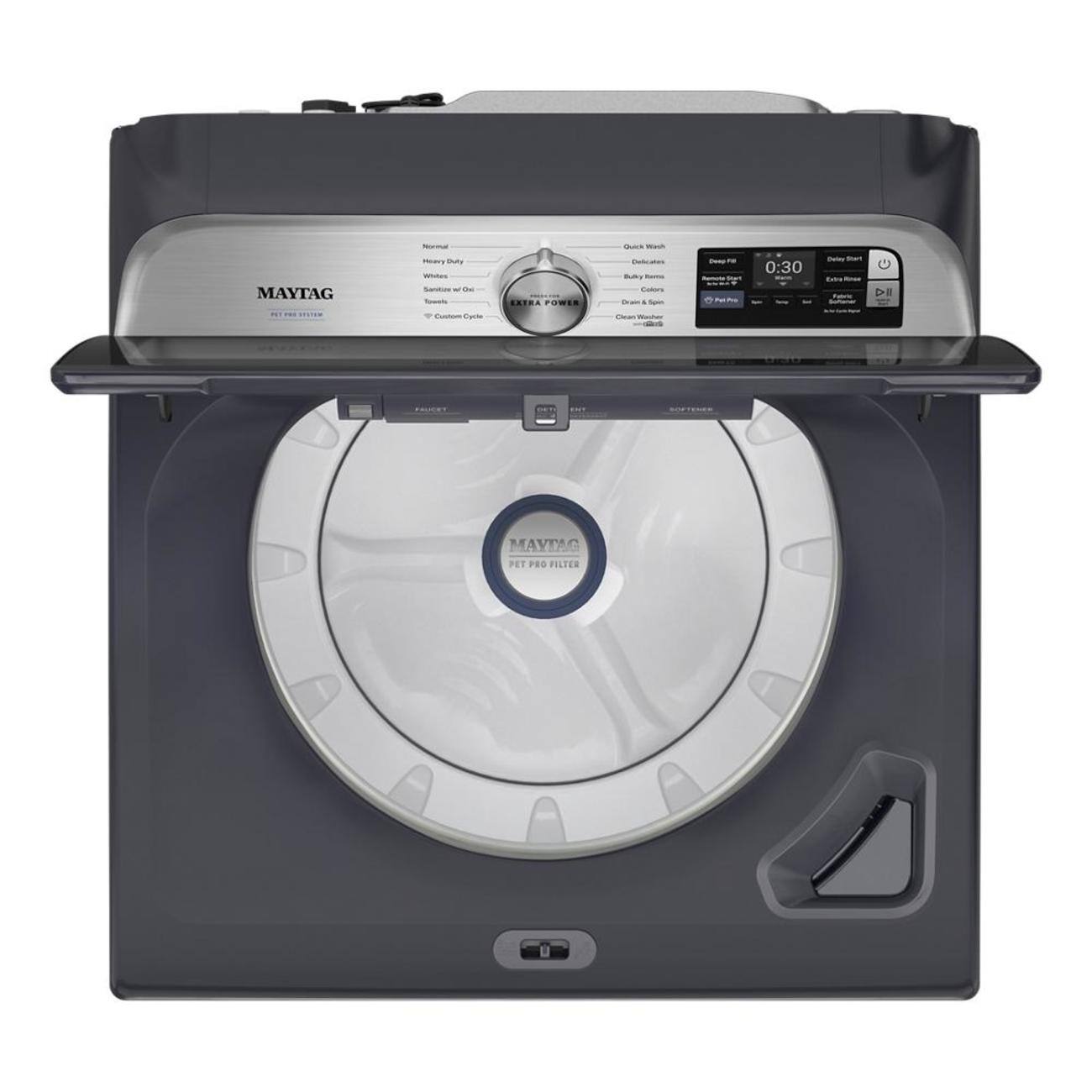 MAYTAG  
PET PRO FILTER  

MAYTAG  
WASHING MACHINE  

Normal  
Heavy Duty  
Whites  
Odds  
Towels  
Custom Cycle  

Quick Wash  
Delicates  
Bulky Items  
Download & Spin  
Clean Washer  

0:30  
Delay Start  
Extra Rinse  
Auto Load  

PET PRO FILTER