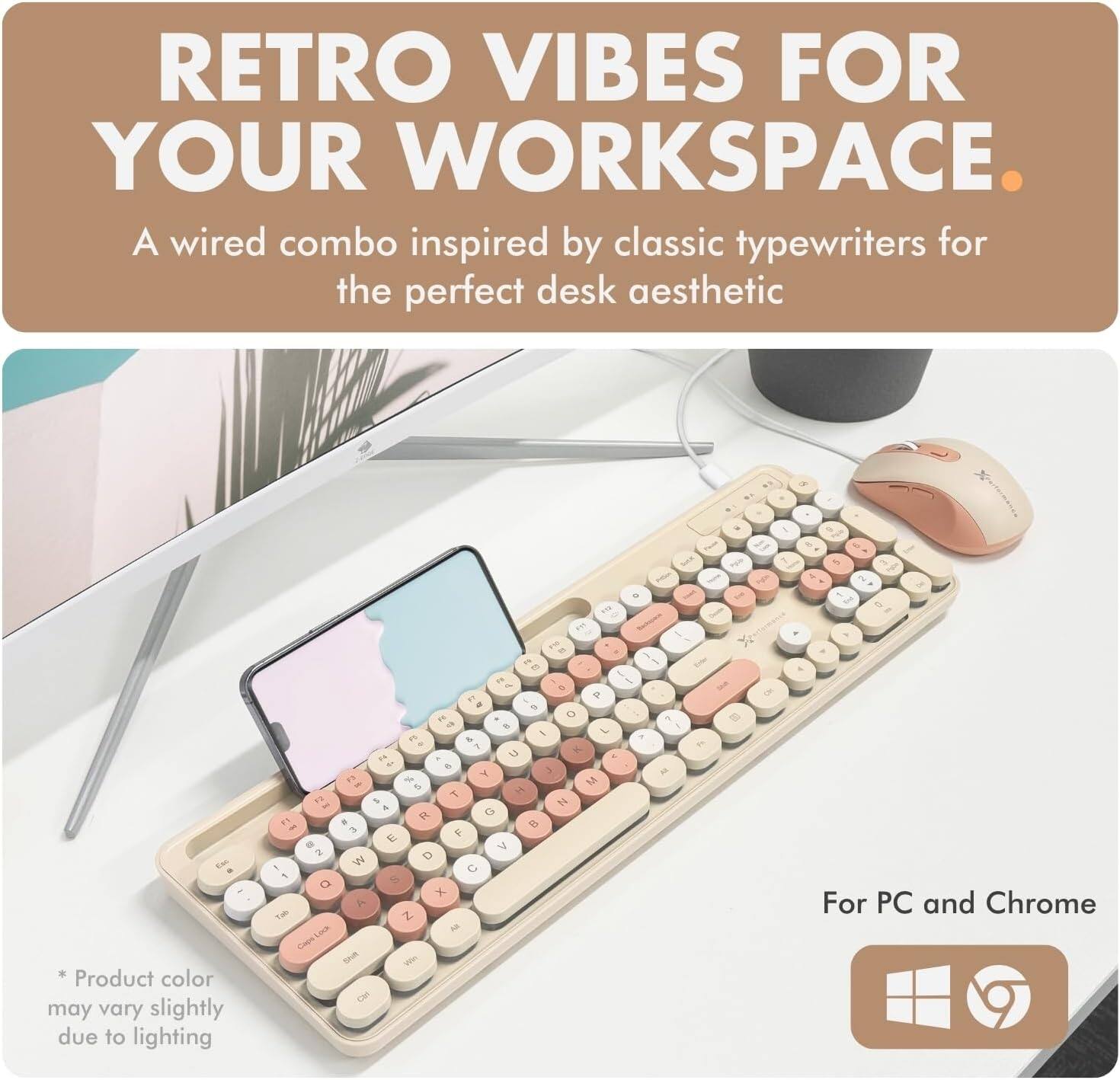 Retro vibes for your workspace. A wired combo inspired by classic typewriters for the perfect desk aesthetic. EAC - Product color may vary slightly due to lighting. For PC and Chrome.