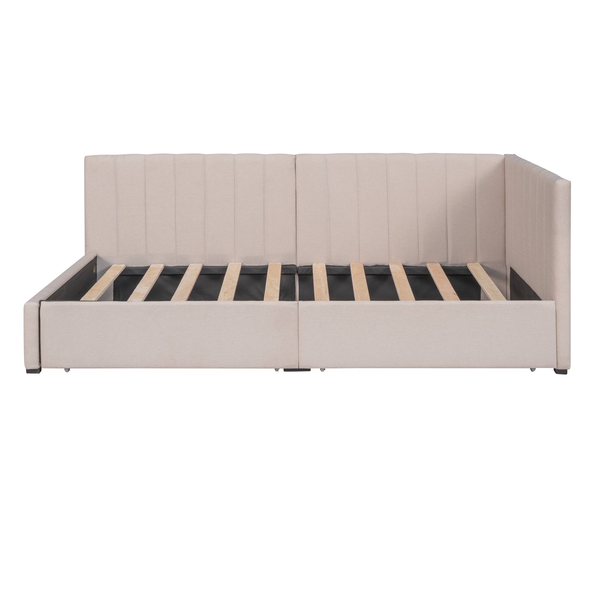 Back. Tiramisubest - Upholstered Daybed with 2 Storage Drawers Twin Size Sofa Bed Frame No Box Spring Needed, Linen Fabric (Beige) - Beige.