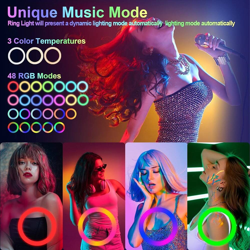 Unique Music Mode  
Ring Light will present a dynamic lighting mode automatically.

3 Color Temperatures

48 RGB Modes