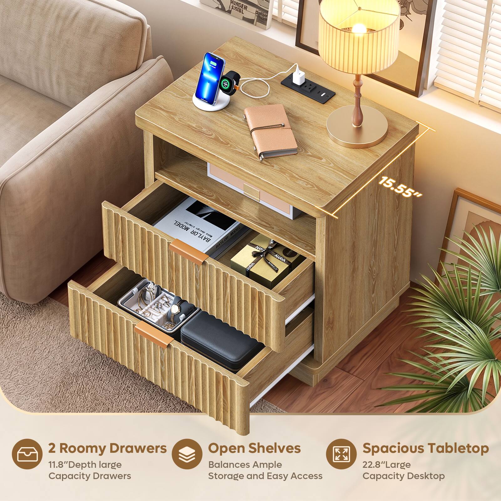 MURGER SMBL

MODEL seyders OR arry BAYLOR

Kells JUAVA

AVANA

15.55"

2 Roomy Drawers 11.8"Depth large Capacity Drawers

Open Shelves Balances Ample Storage and Easy Access

Spacious Tabletop 22.8"Large Capacity Desktop
