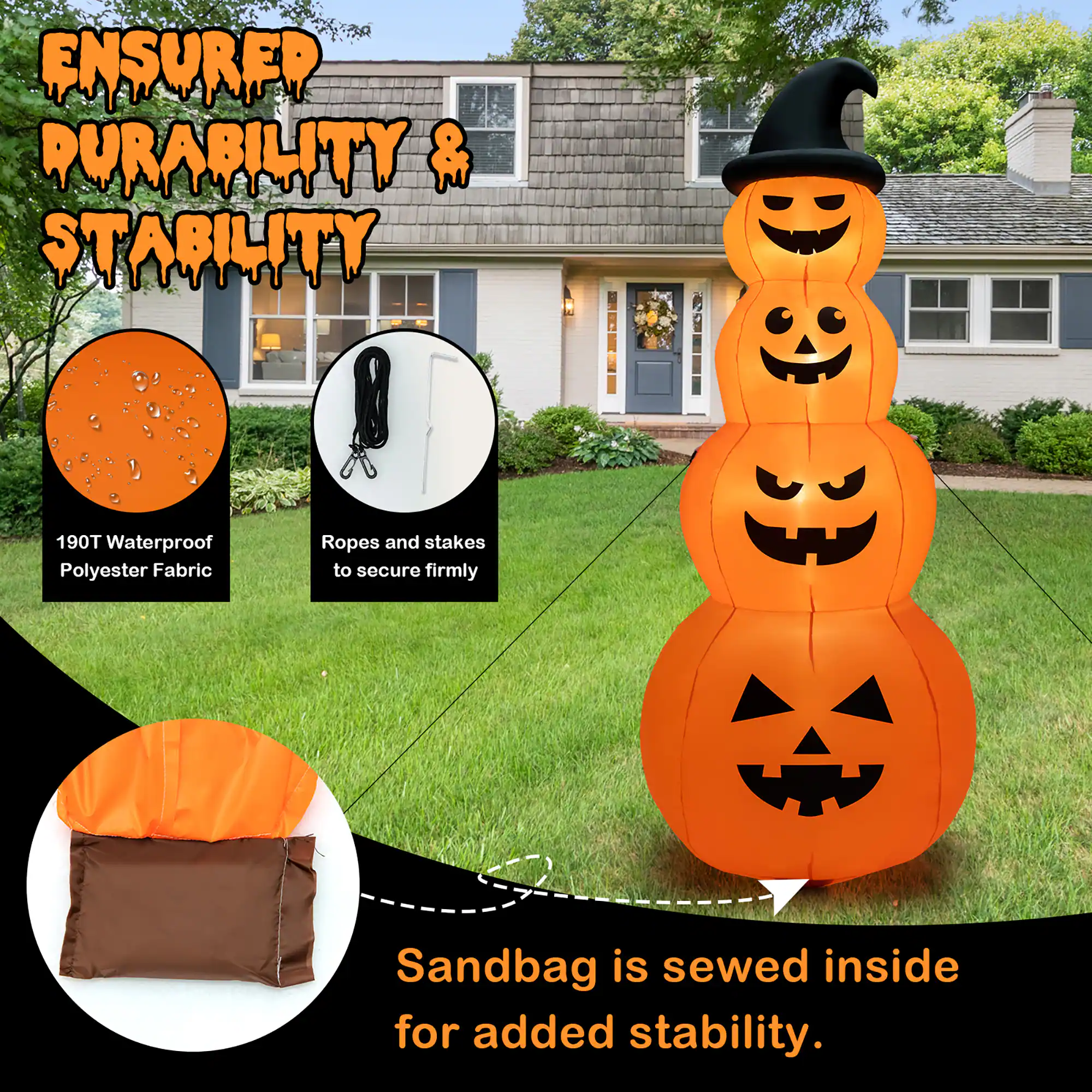 Ensured PURABILITY & STABILITY 190T Waterproof Polyester Fabric Ropes and stakes to secure firmly Sandbag is sewed inside for added stability.