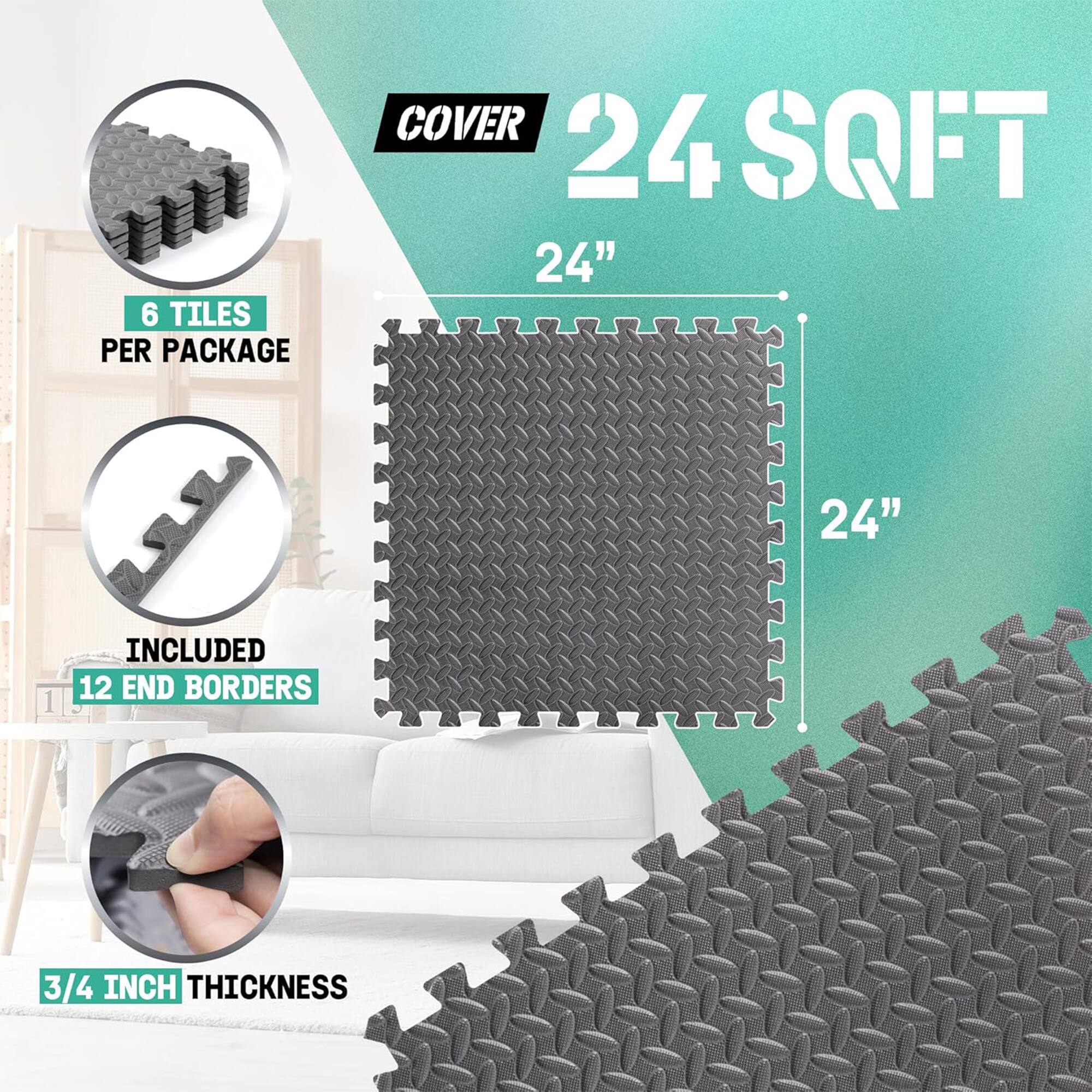 6 tiles per package cover 24 sqft 24" x 24" included 12 end borders 3/4 inch thickness