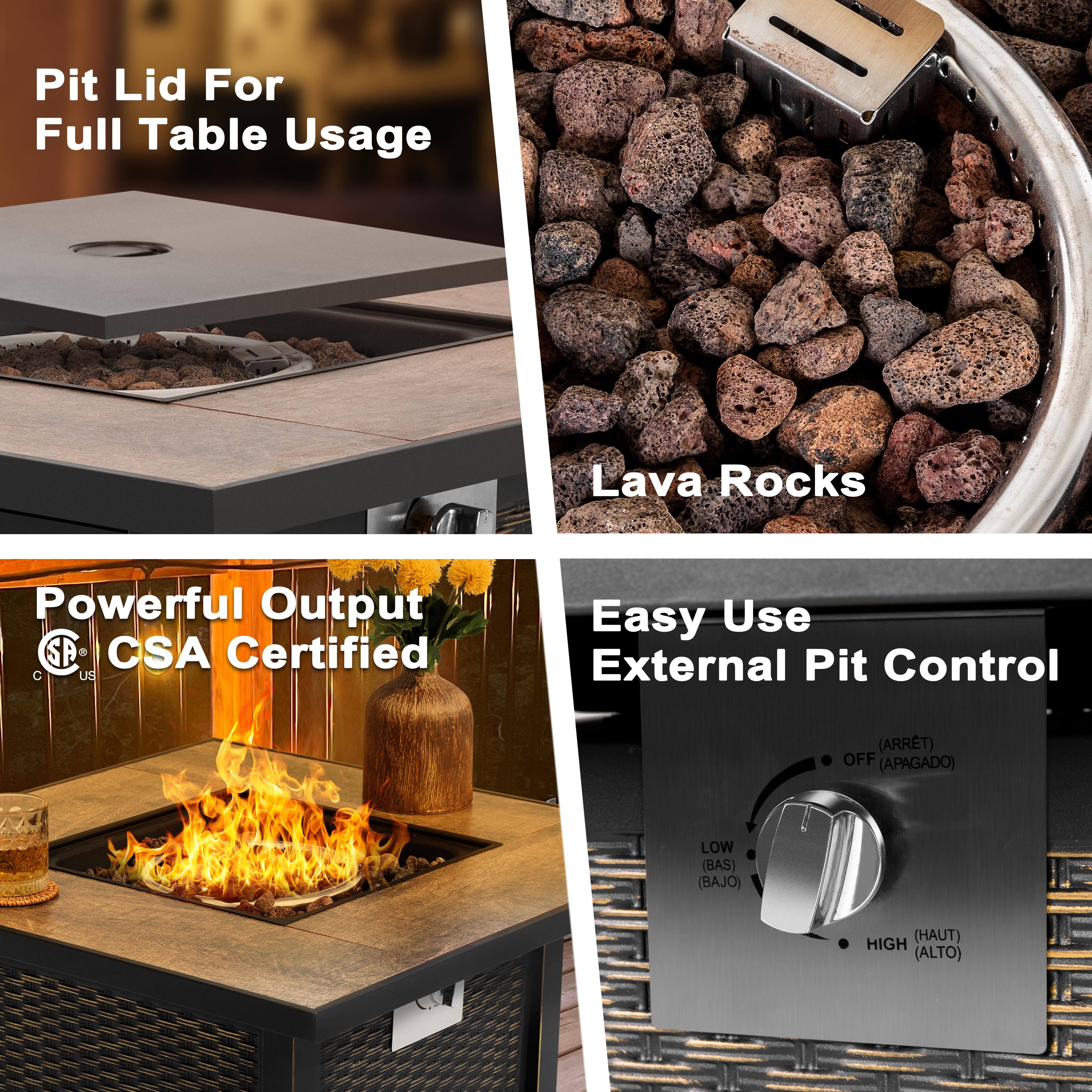 Pit Lid For Full Table Usage

Lava Rocks

Powerful Output CSA Certified

Easy Use External Pit Control
- OFF (ARRET) (APAGADO)
- LOW (BAS) (BAJO)
- HIGH (HAUT) (ALTO)