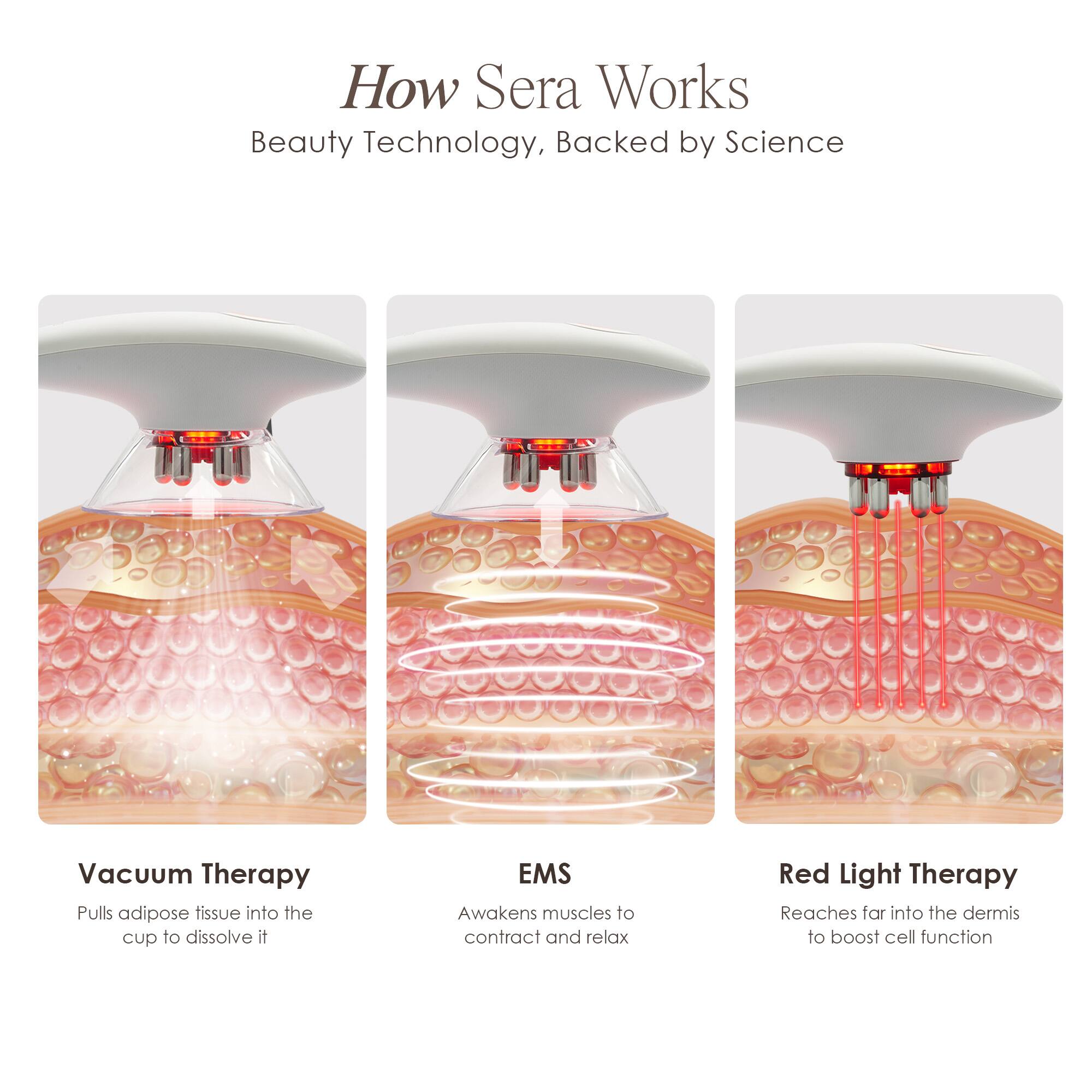 How Sera Works  
Beauty Technology, Backed by Science

Vacuum Therapy  
Pulls adipose tissue into the cup to dissolve it

EMS  
Awakens muscles to contract and relax

Red Light Therapy  
Reaches far into the dermis to boost cell function