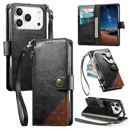 Dteck - For Apple iPhone 18 Pro Max Wallet Case Business Shockproof PU Leather Flip Kickstand Zipper Card Pocket Cover+Strap - Black