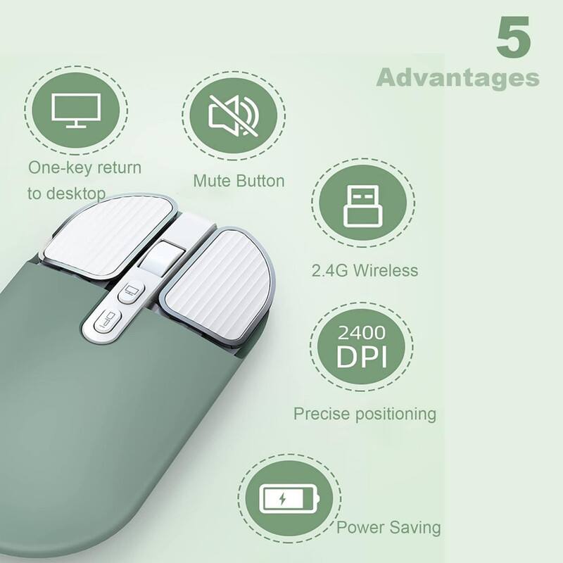 5 Advantages  
- One-key return to desktop  
- Mute Button  
- 2.4G Wireless  
- 2400 DPI  
- Precise positioning  
- Power Saving