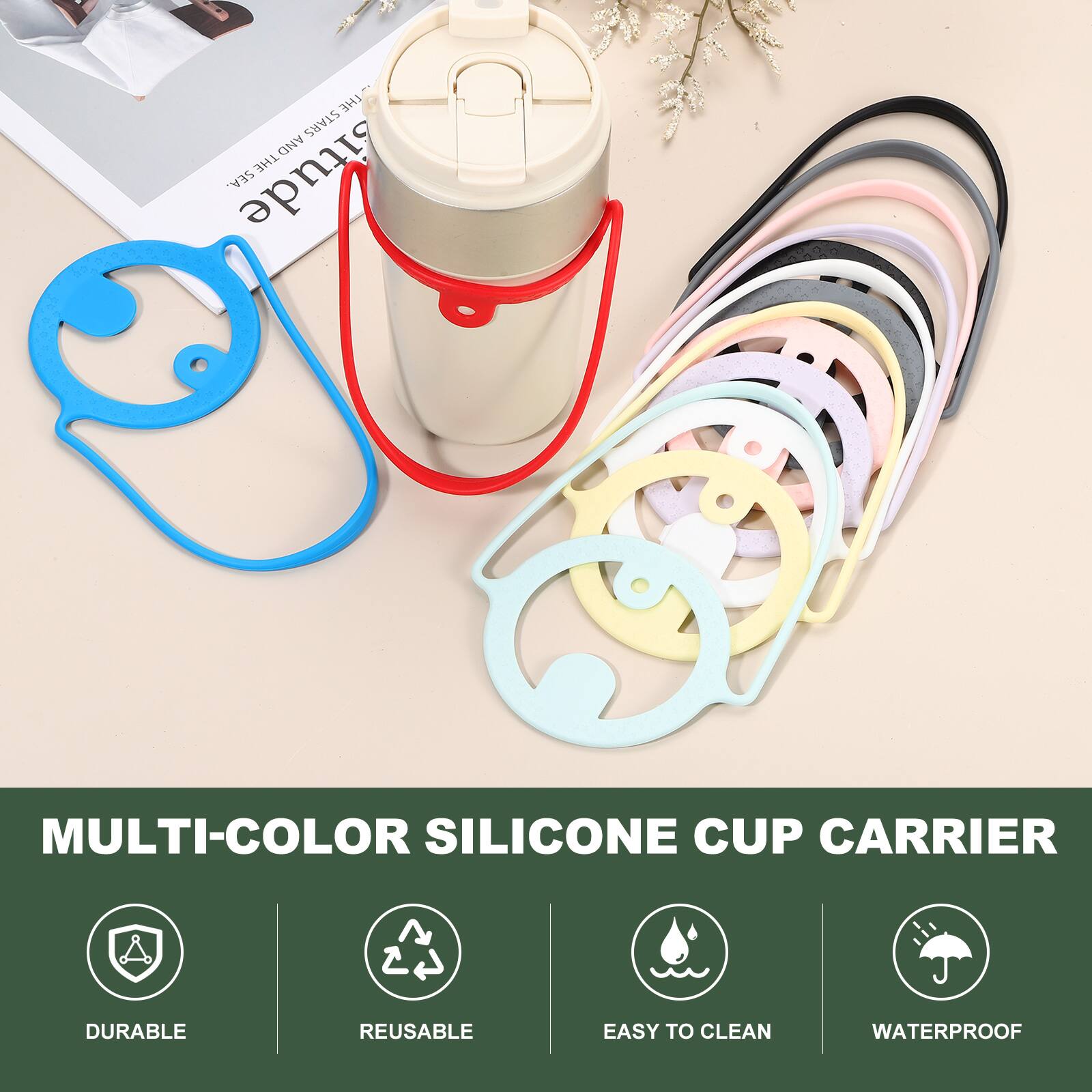 LHE STARS AND THE SEA.  
MULTI-COLOR SILICONE CUP CARRIER  
DURABLE REUSABLE EASY TO CLEAN WATERPROOF