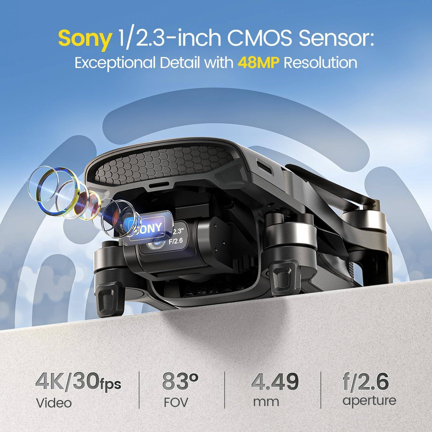 Sony 1/2.3-inch CMOS Sensor: Exceptional Detail with 48MP Resolution

- 2.3" F/2.6
- 4K/30fps Video
- 83° FOV
- 4.49 mm
- f/2.6 aperture