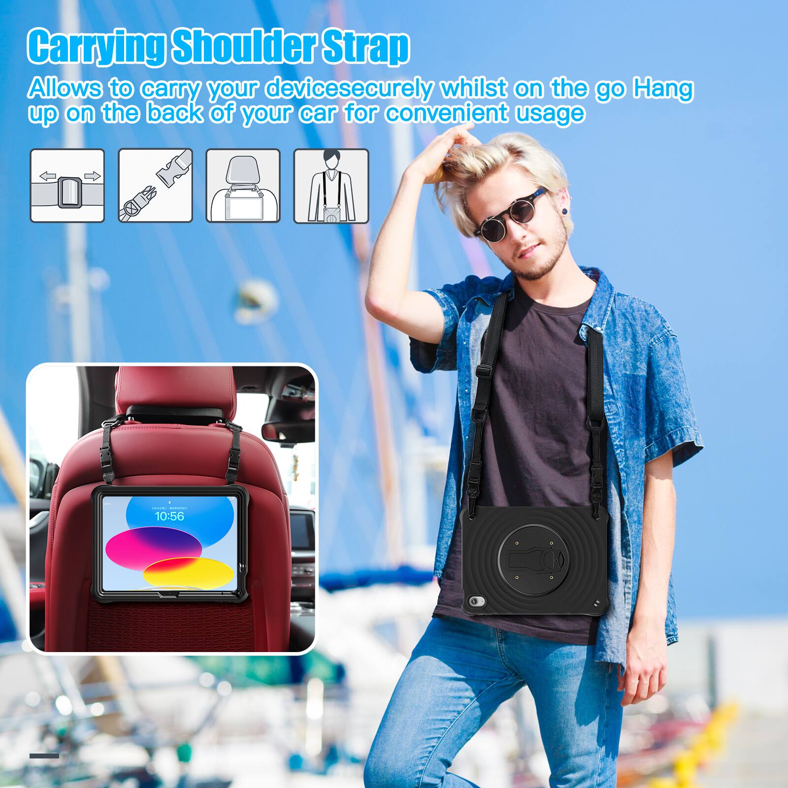 Carrying Shoulder Strap  
Allows to carry your device securely whilst on the go. Hang up on the back of your car for convenient usage.