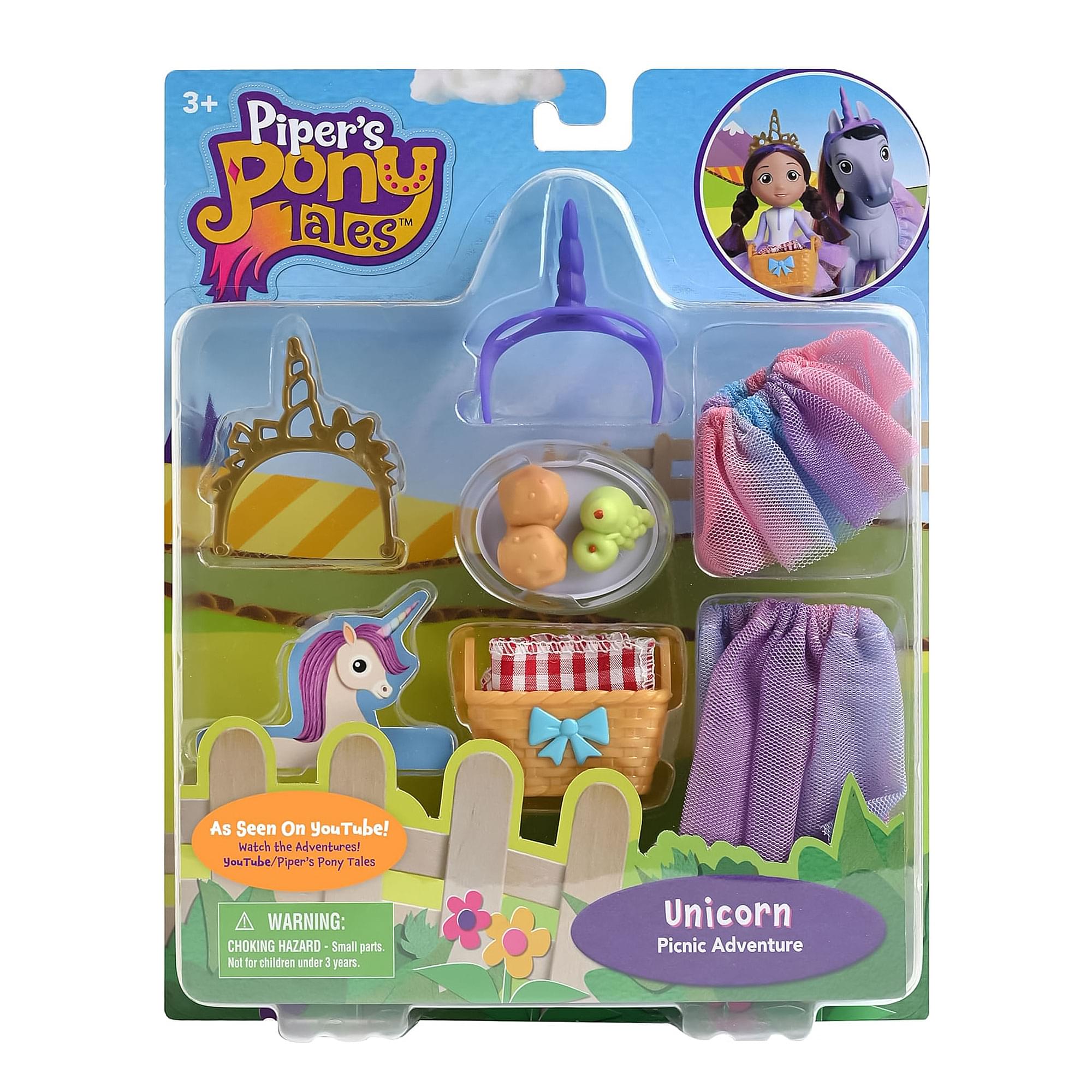 3+ Piper's Pony Tales™  
As Seen On YouTube!  
Watch the Adventures!  
YouTube/Piper's Pony Tales  

WARNING: CHOKING HAZARD - Small parts. Not for children under 3 years.  

Unicorn Picnic Adventure