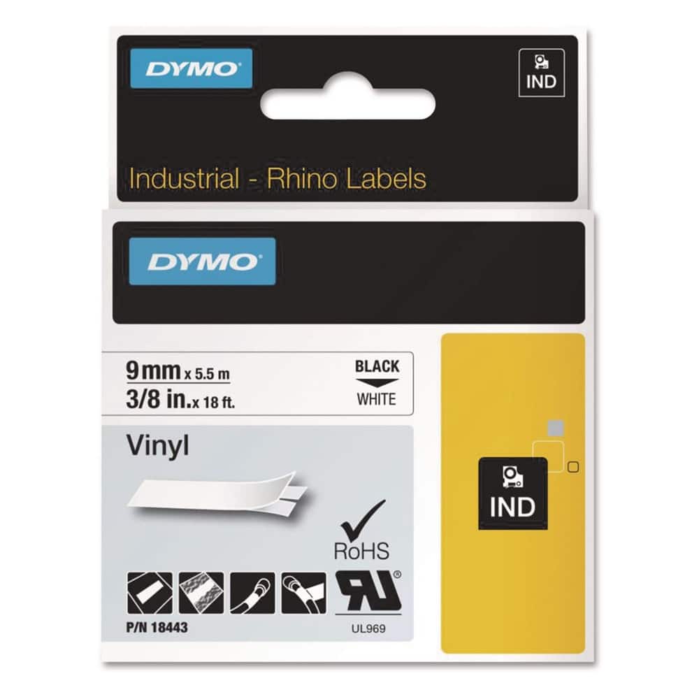 DYMO - 18443 0.37 in. x 18 ft. Rhino Permanent Vinyl Industrial Label Tape - /Black Print - White