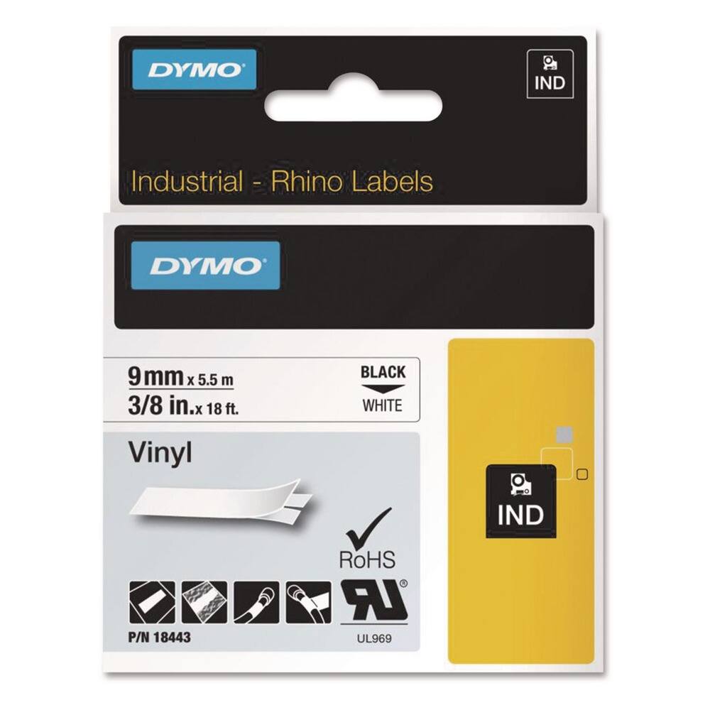 DYMO IND Industrial - Rhino Labels  
DYMO 9 mm x 5.5 m 3/8 in. x 18 ft.  
BLACK WHITE  
Vinyl  
RoHS  
UL969  
P/N 18443