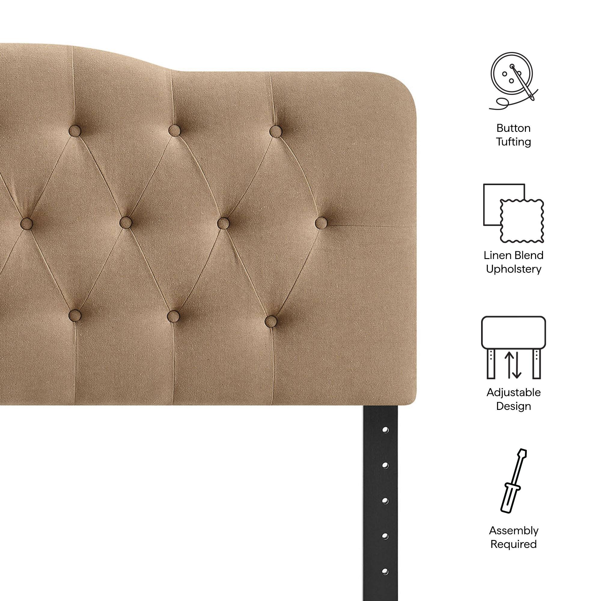 Button Tufting  
Linen Blend Upholstery  
Adjustable Design  
Assembly Required