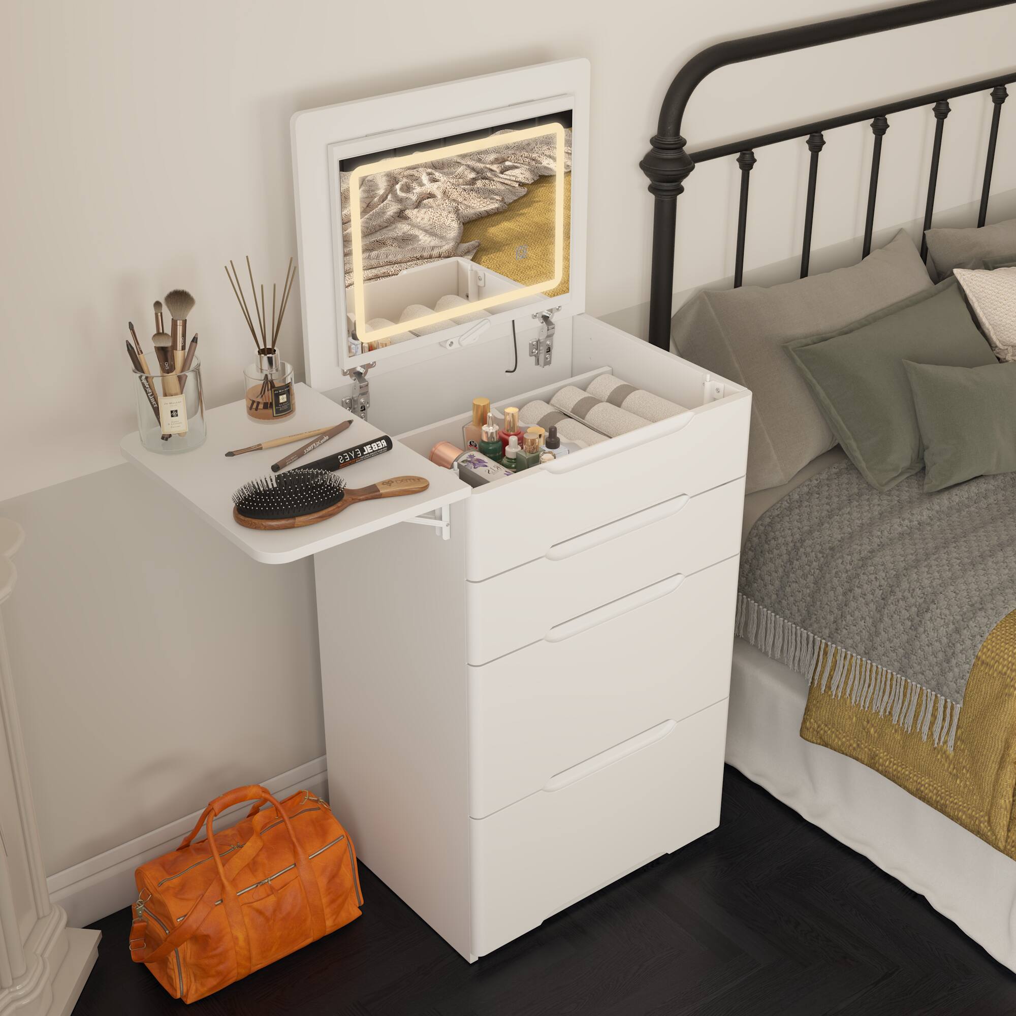 Alt View 2. Famapy - Vanity Table with LED Mirror, Makeup Vanity with Storage, 3-in-1 Small Space Dressing Table for Bedroom - White.