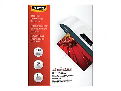 Fellowes Thermal Laminating Pouches
Pochettes Pour la Plastification à Chaud
Bolsas Para Plastificar en Caliente
100 Pouches
Little Leaks
5 mil Thickness
Super Quick
Inserte la Pochette de Cete Pour une Plastification Plus Rapide
Inserte la Pochette de Cete Pour une Plastification Plus Rapide
Inserte la Bolsa de Cete Para una Plastificación Más Rápida