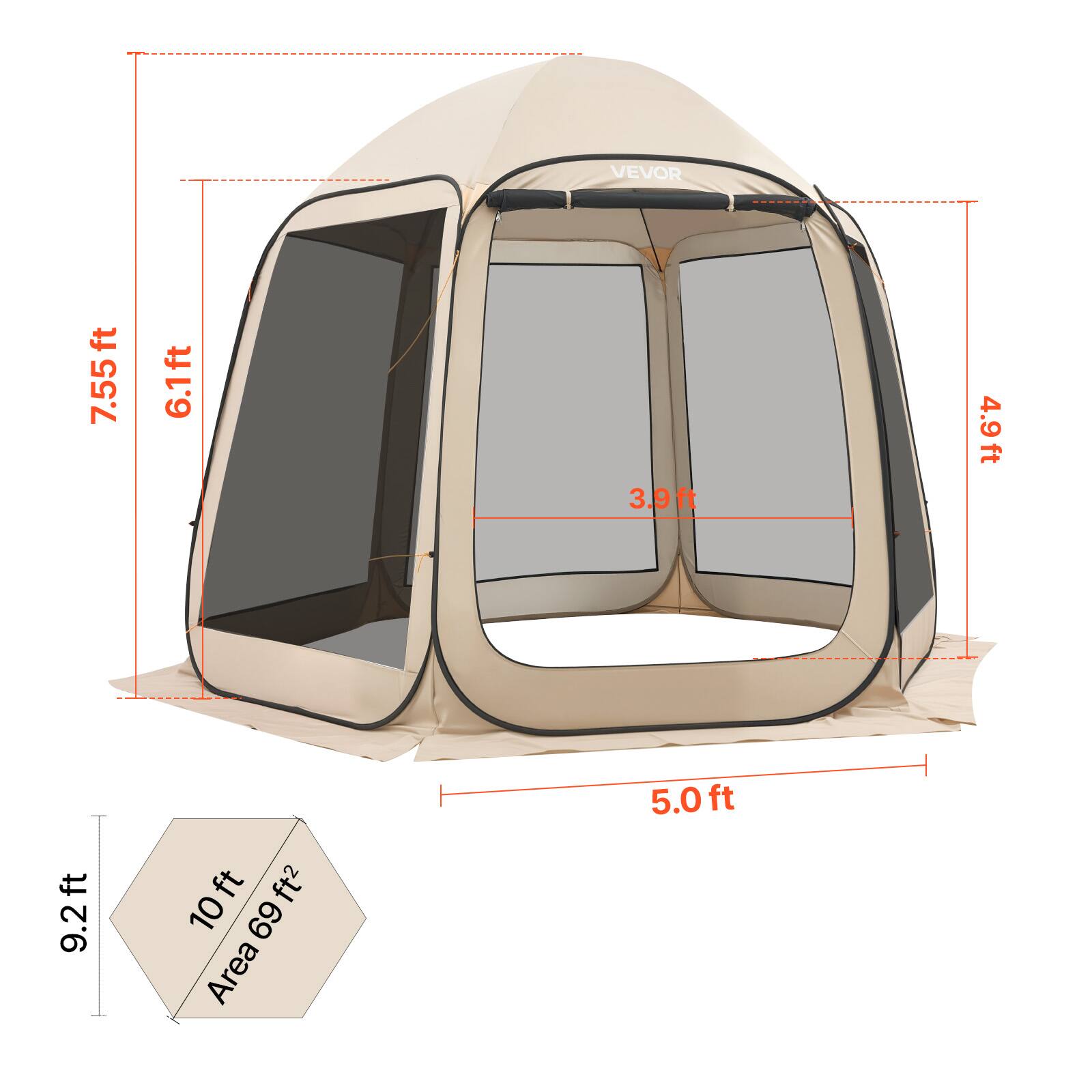 VEVOR

- Height: 7.55 ft
- Width: 6.1 ft
- Depth: 5.0 ft
- Door Height: 4.9 ft
- Door Width: 3.9 ft
- Overall Length: 9.2 ft
- Base: 10 ft
- Area: 69 ft²