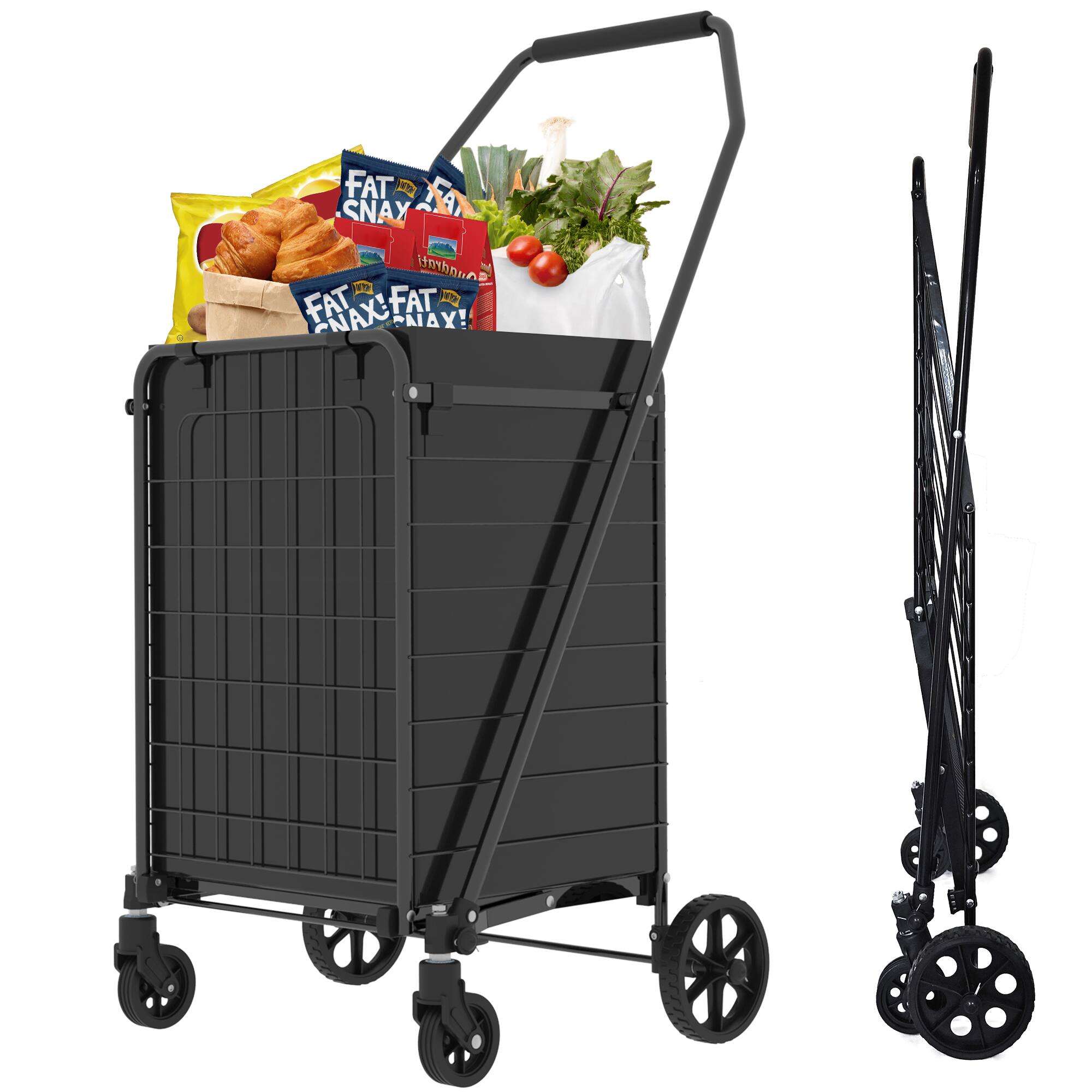 Glintex - Utility Shopping Cart with Shelf, Foldable Grocery and Storage Cart with 360° Swivel Wheels for Easy Use - Antique Black