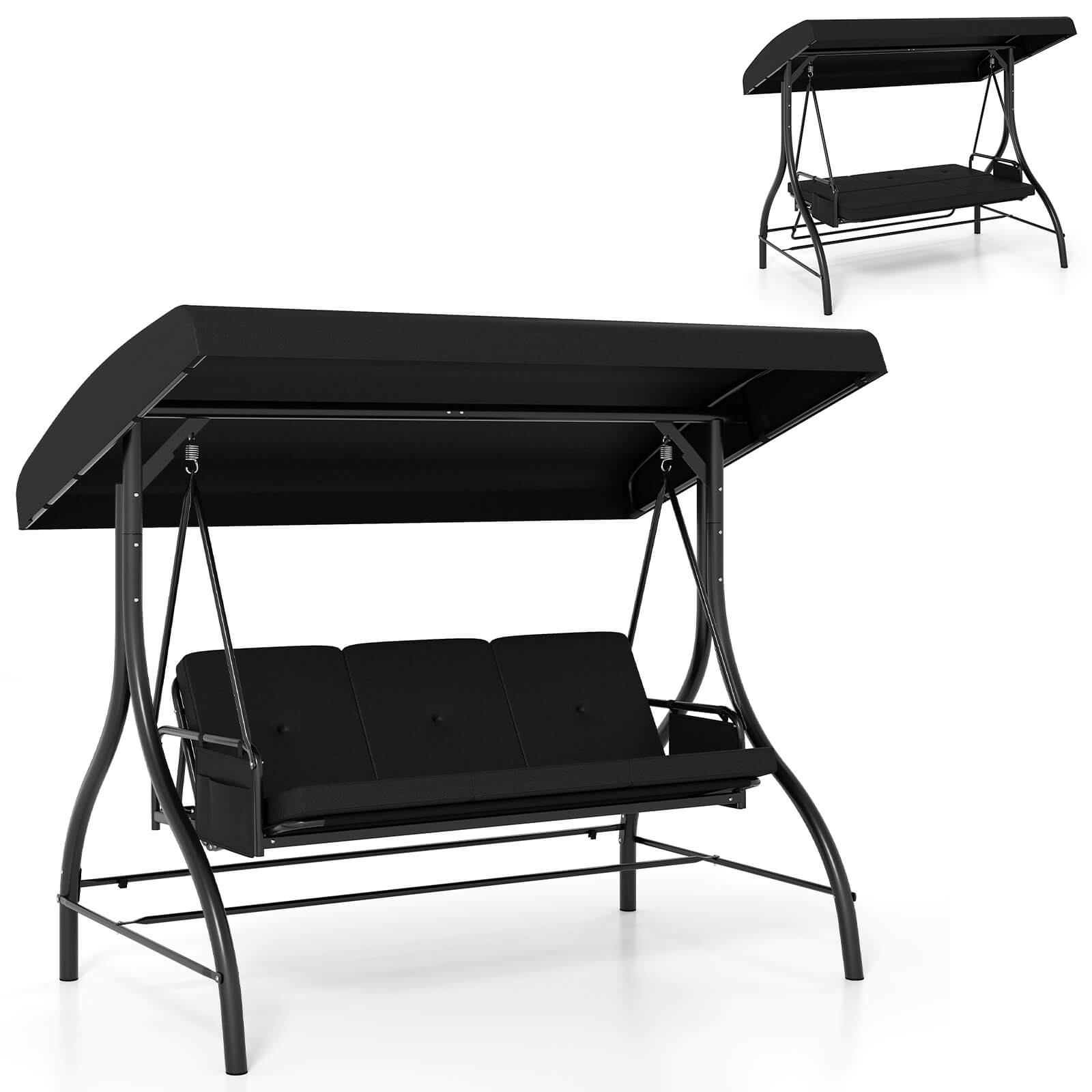 Front. Costway - Costway 3-Seat Patio Swing with Canopy with Removable Cushions & Side Pockets Stand - Black.