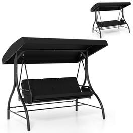 Costway - 3-Seat Patio Swing with Canopy with Removable Cushions & Side Pockets Stand - Black