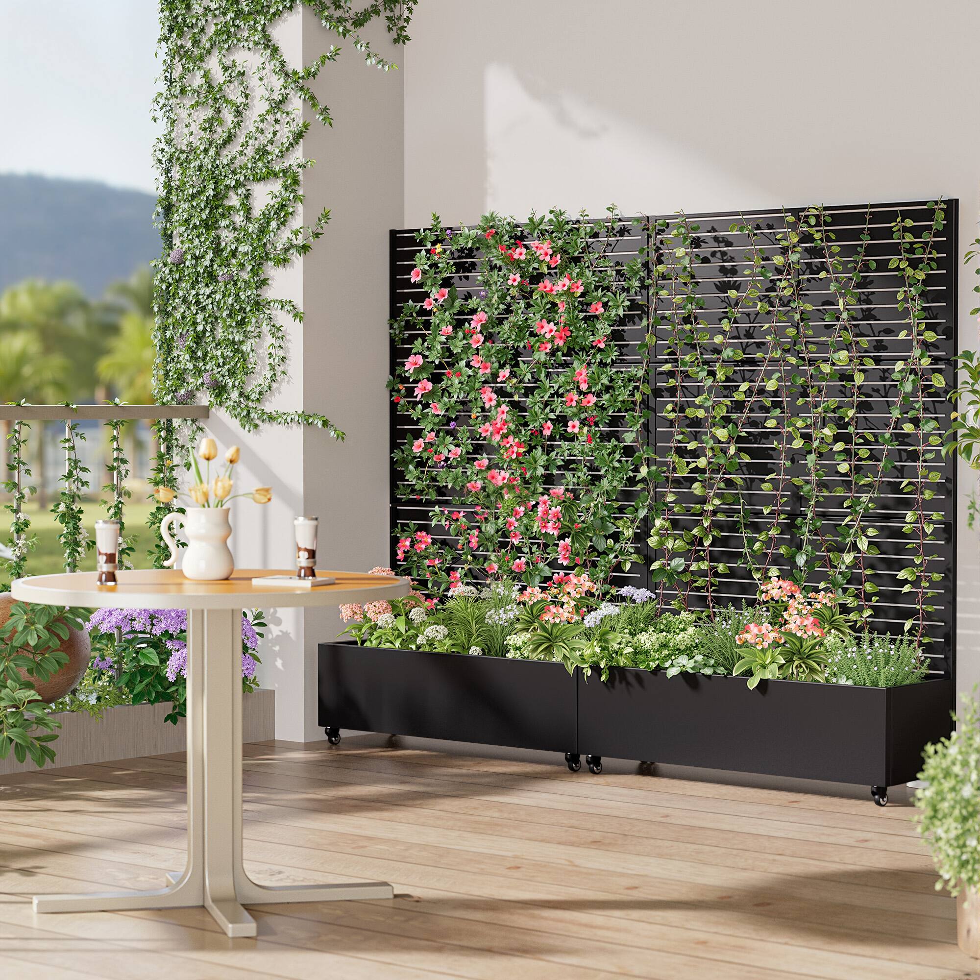 Alt View 3. PexFix - 72 in. H x 47 in. W Louvered Pattern Rectangle Metal Planter Box Raised Garden Beds with Trellis-Ideal for Balcony - Black.