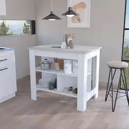Loheer - White Marble Finish Kitchen Island with Three Storage Shelves - Multicolor