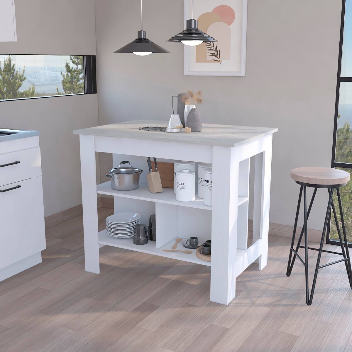 Loheer - White Marble Finish Kitchen Island with Three Storage Shelves - Multicolor
