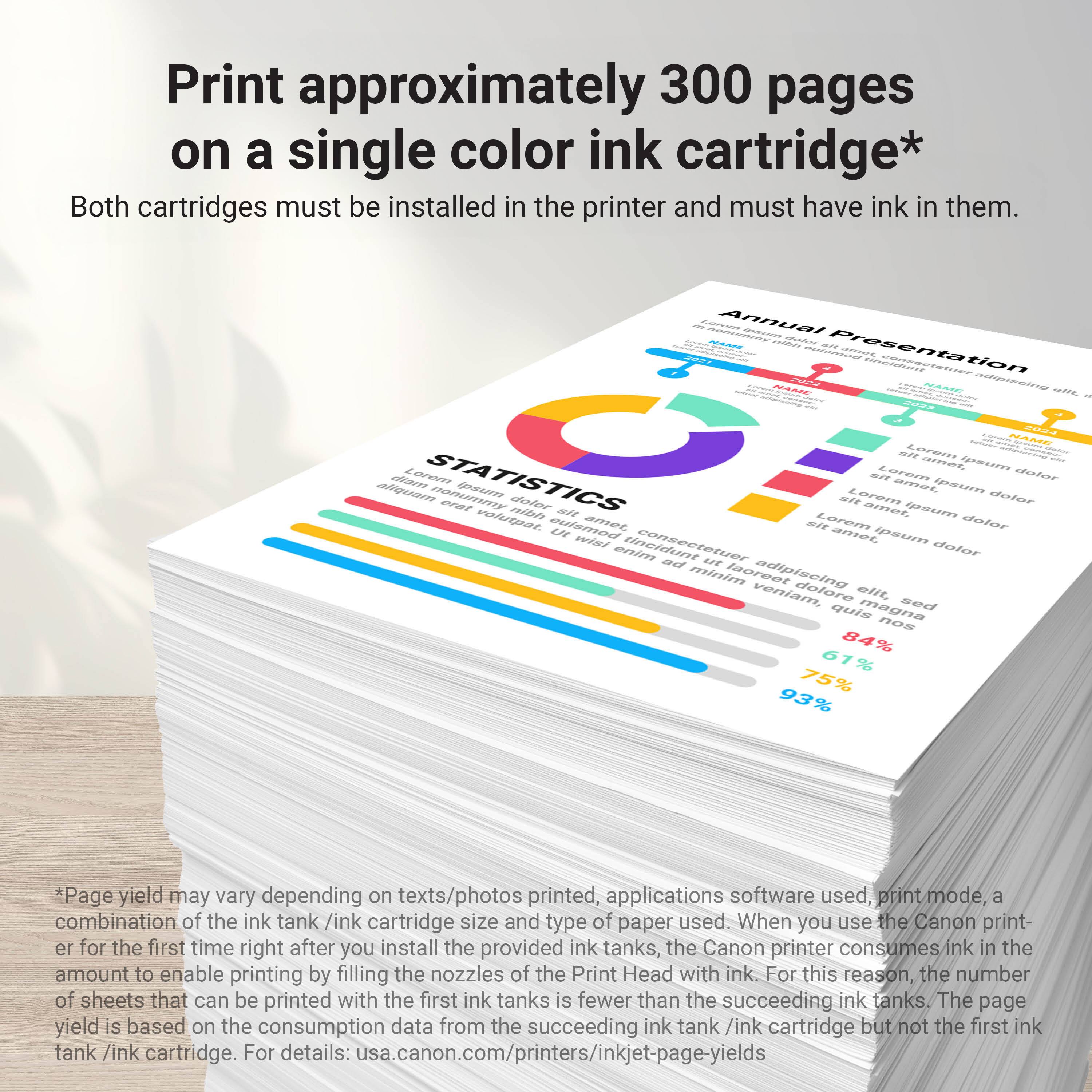 Print approximately 300 pages on a single color ink cartridge*  
Both cartridges must be installed in the printer and must have ink in them.  

Annual Presentation  
STATISTICS  

*Page yield may vary depending on texts/photos printed, applications software used, print mode, combination of the ink tank /ink cartridge size and type of paper used. When you use the Canon printer for the first time right after you install the provided ink tanks, the Canon printer consumes ink in the amount to enable printing by filling the nozzles of the Print Head with ink. For this reason, the number of sheets that can be printed with the first ink tanks is fewer than the succeeding ink tanks. The page yield is based on the consumption data from the succeeding ink tank /ink cartridge but not the first ink tank /ink cartridge. For details: usa.canon.com/printer/inkjet-page-yields