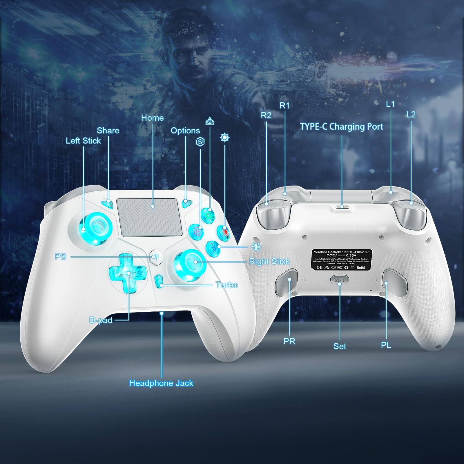 Sure, here is the corrected and grouped text from the image:

- **Left Stick**
- **Share**
- **Home**
- **Options**
- **R2**
- **R1**
- **L1**
- **L2**
- **TYPE-C Charging Port**
- **Right Stick**
- **PS**
- **D-pad**
- **Turbo**
- **PR**
- **Set**
- **PL**
- **Headphone Jack**
