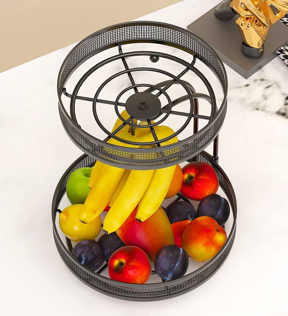 Alt View 1. Adivo - 2-Tier Fruit Basket with Hanging Hooks, Heavy-Duty Metal Countertop Produce Organizer - Black.