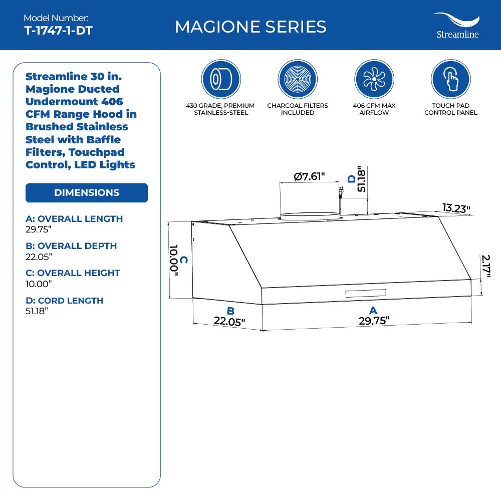 Model Number: T-1747-1-DT MAGIONE SERIES Streamline Streamline 30 in. Magione Ducted Undermount 406 CFM Range Hood in Brushed Stainless Steel with Baffle Filters, Touchpad Control, LED Lights DIMENSIONS A: OVERALL LENGTH 29.75" B: OVERALL DEPTH 22.05" C: OVERALL HEIGHT 10.00" 430 GRADE, PREMIUM CHARCOAL FILTERS STAINLESS-STEEL INCLUDED 7.61" 10.00" 406 CFM MAX AIRFLOW 51.18" TOUCH PAD CONTROL PANEL 13.23" 2.17" D: CORD LENGTH 51.18"