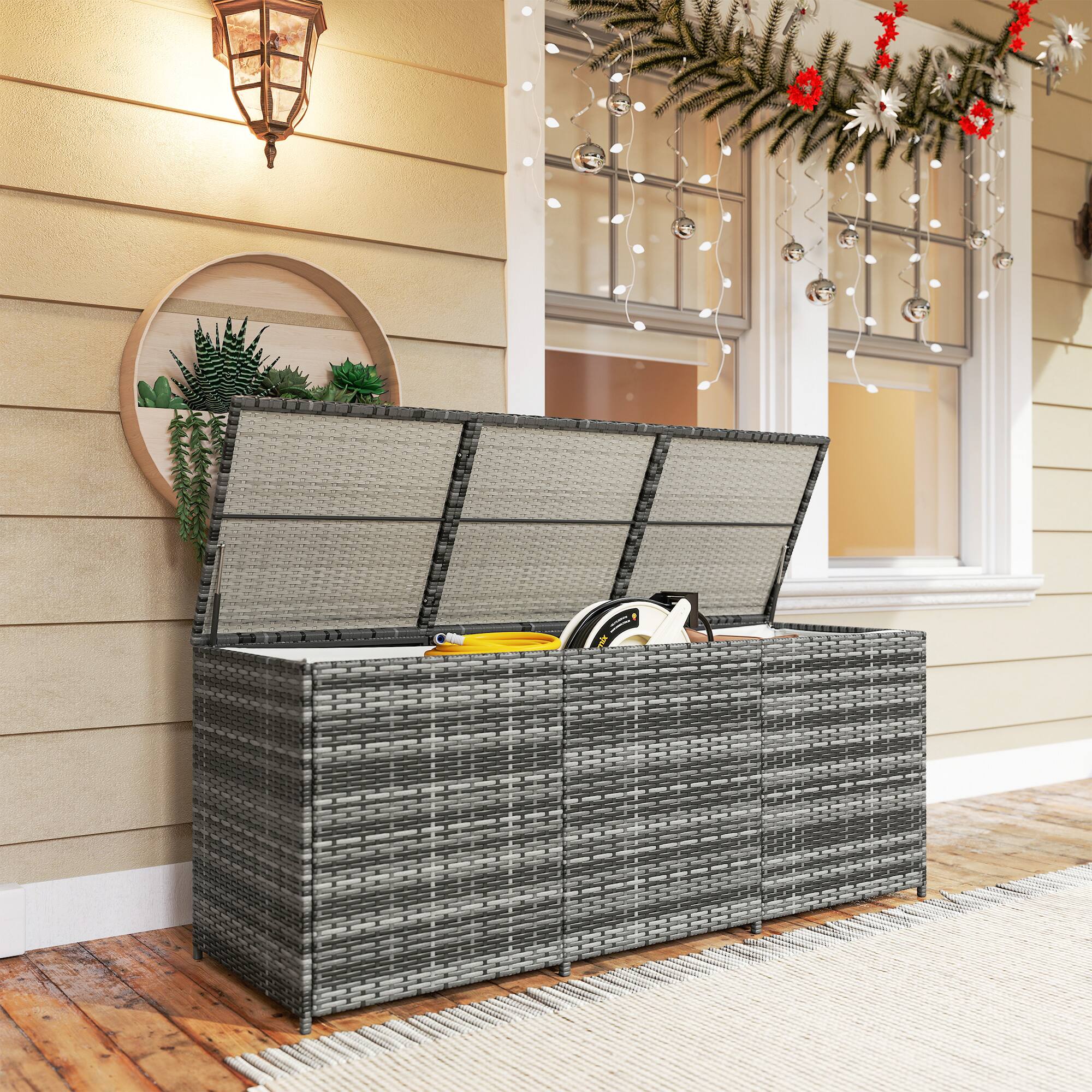 Alt View 8. Outsunny - 175 Gallon Outdoor Storage Box with Inner Liner, PE Rattan Wicker Deck Box with Pneumatic Bar Lift for Indoor & Outdoor - Gray.