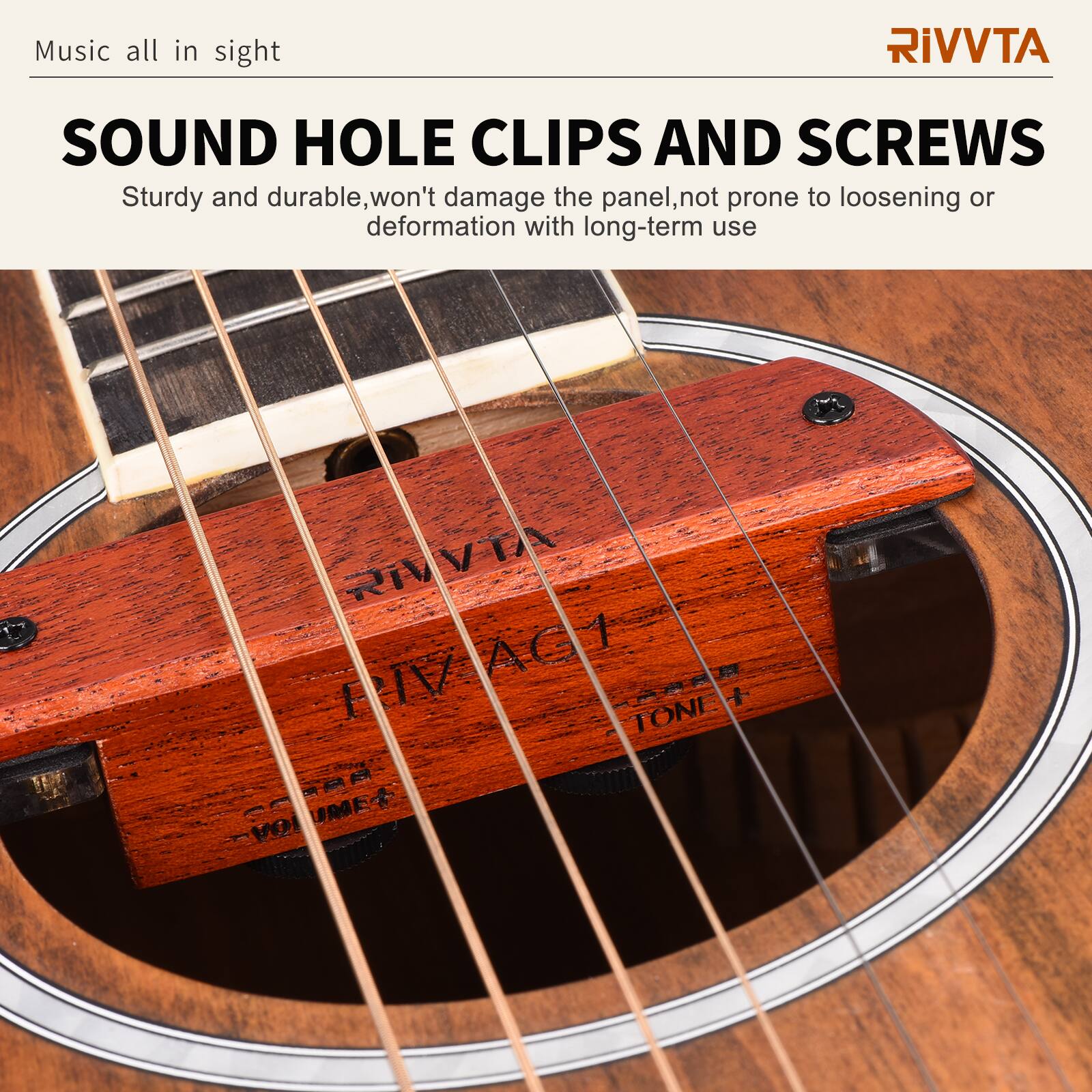 Music all in sight

RIVVTA

SOUND HOLE CLIPS AND SCREWS

Sturdy and durable, won't damage the panel, not prone to loosening or deformation with long-term use