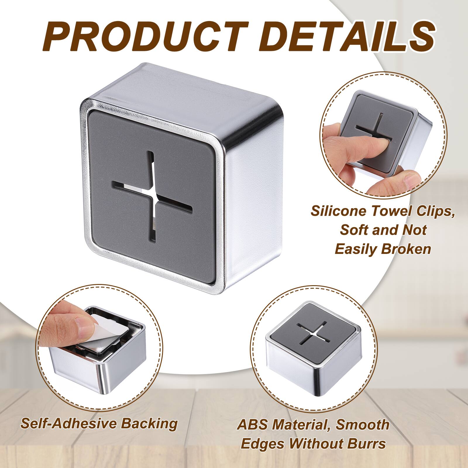 PRODUCT DETAILS

- Silicone Towel Clips, Soft and Not Easily Broken
- Self-Adhesive Backing
- ABS Material, Smooth Edges Without Burrs