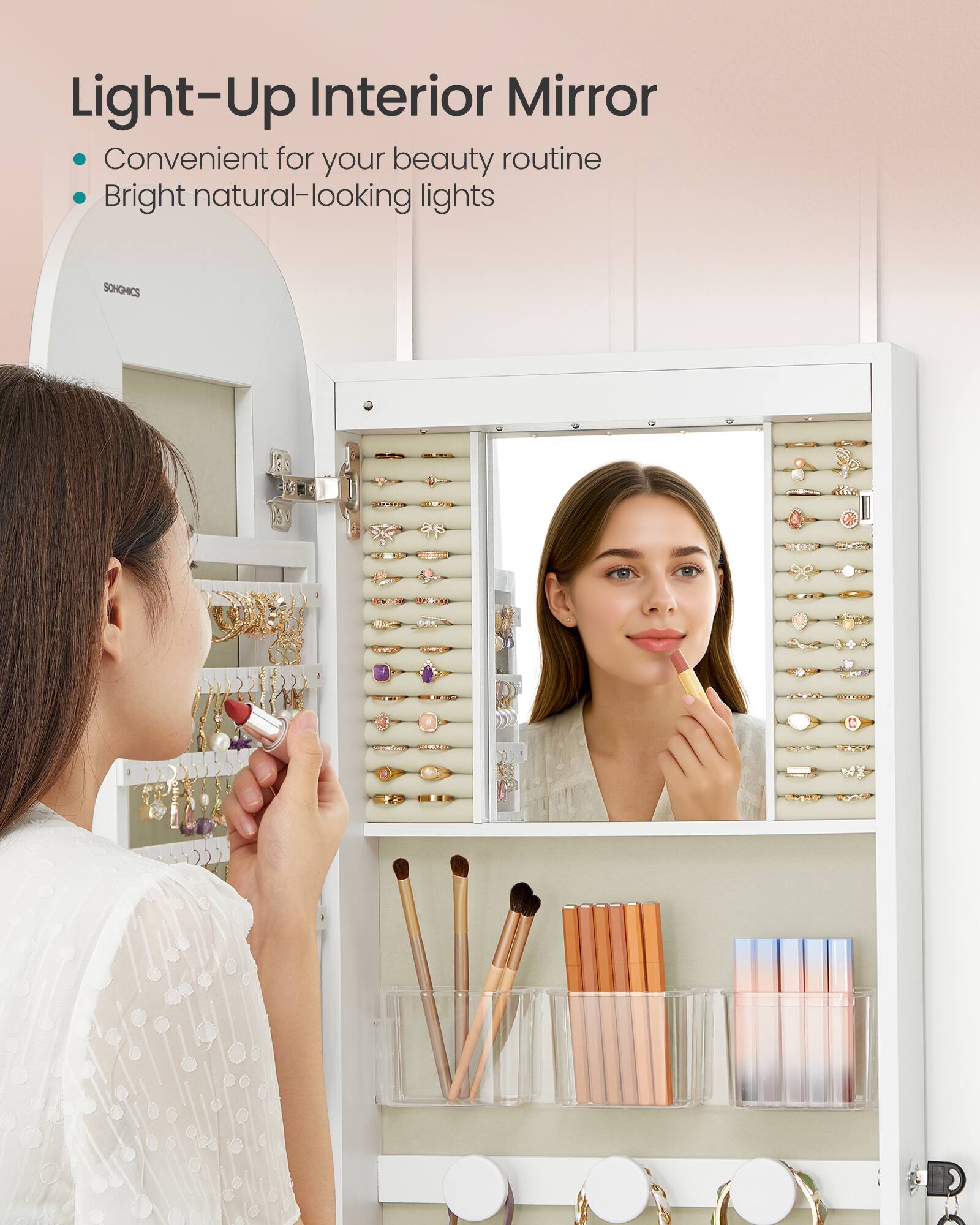 Light-Up Interior Mirror  
Convenient for your beauty routine  
Bright natural-looking lights  

SONGMICS