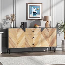 Qeetex - 55.1" Sideboard Buffet Cabinet with 2 Doors, 3 Drawers & Adjustable Shelves, Modern Wood Finish - Black+walnut Grain