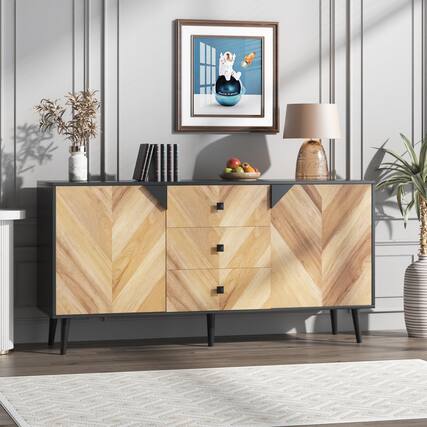 Front. Qeetex - 55.1" Sideboard Buffet Cabinet with 2 Doors, 3 Drawers & Adjustable Shelves, Modern Wood Finish - Black+walnut Grain.