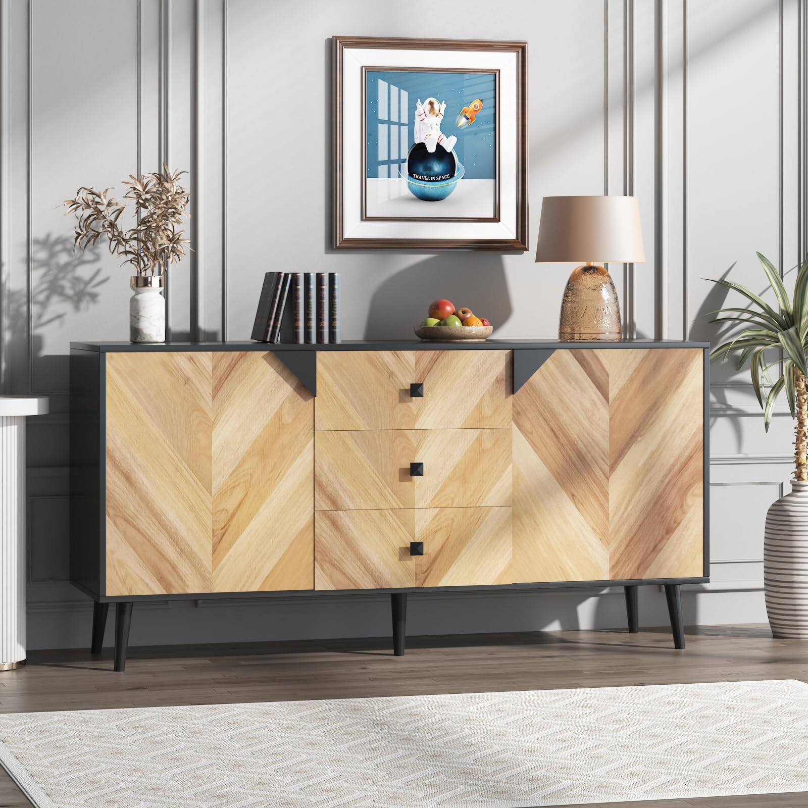 Front. Qeetex - 55.1" Sideboard Buffet Cabinet with 2 Doors, 3 Drawers & Adjustable Shelves, Modern Wood Finish - Black+walnut Grain.