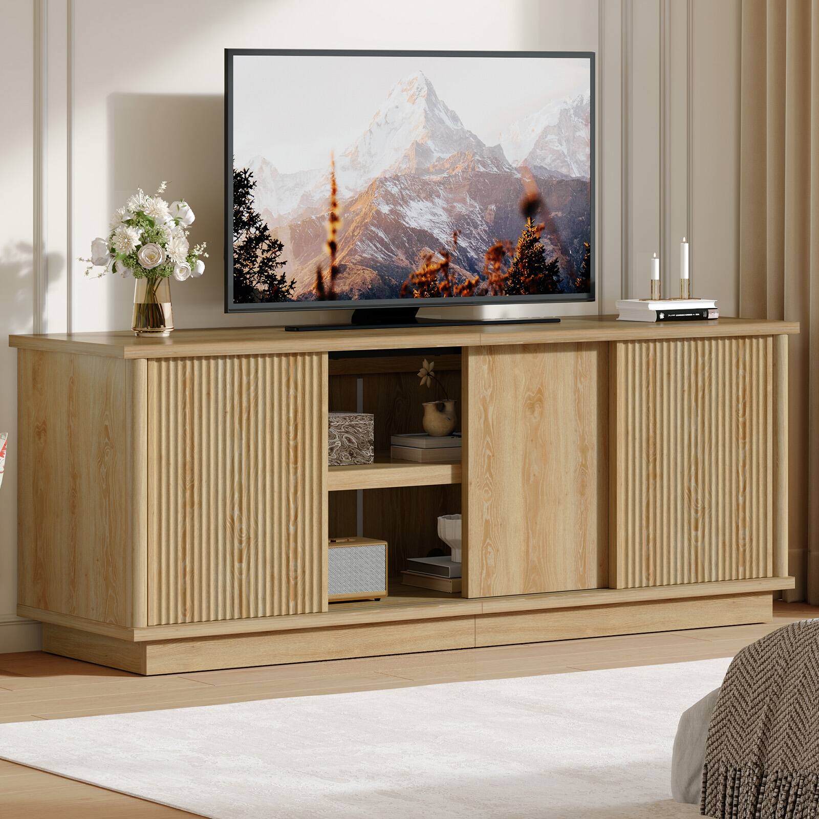 Alt View 5. Bestier - 65" TV Stand for 70" TVs, Modern Fluted Medium Console Entertainment Center with Sliding Doors - Oak.